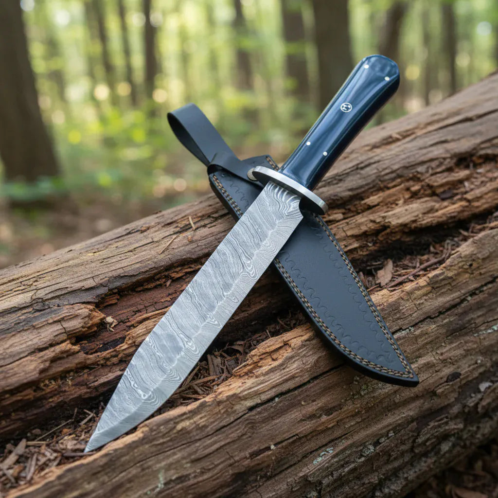 MALIKA KNIVES simple Mountain Man Bowie Knife Damascus Bull Horn