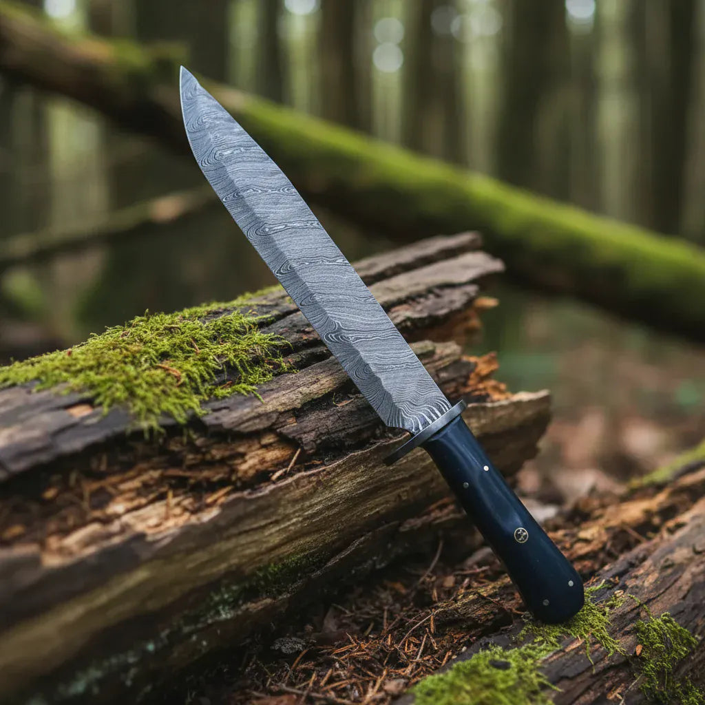 MALIKA KNIVES simple Mountain Man Bowie Knife Damascus Bull Horn