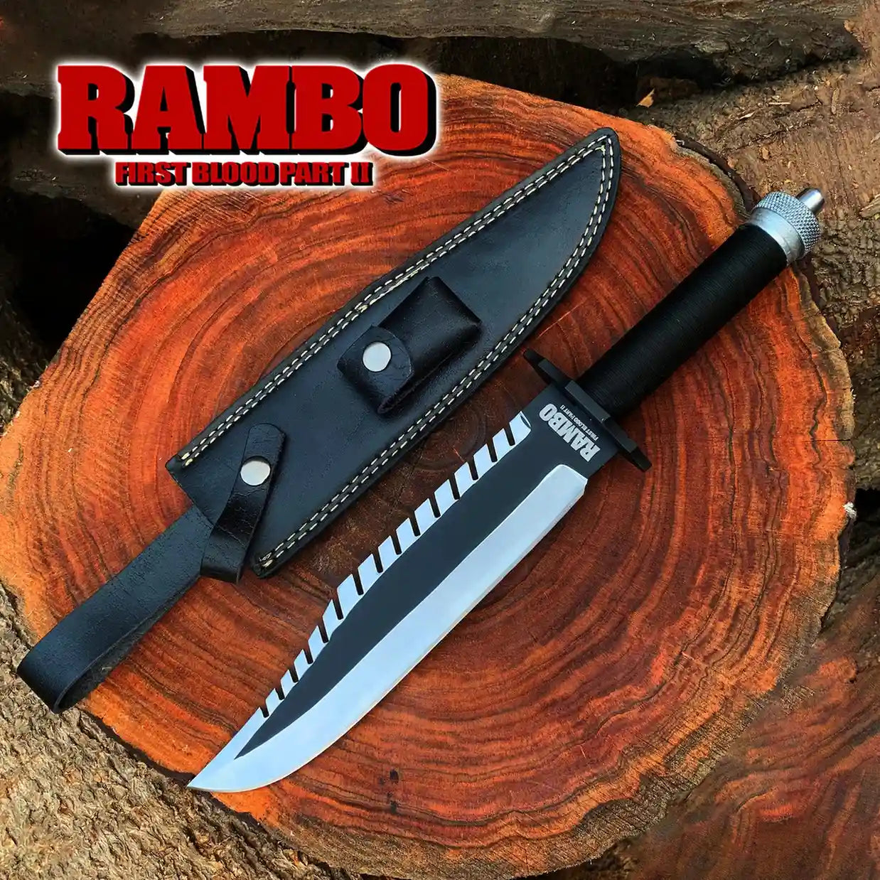 MALIKA KNIVES simple Rambo First Blood Part II Replica Knife – 16" Survival Knife with Leather Sheath