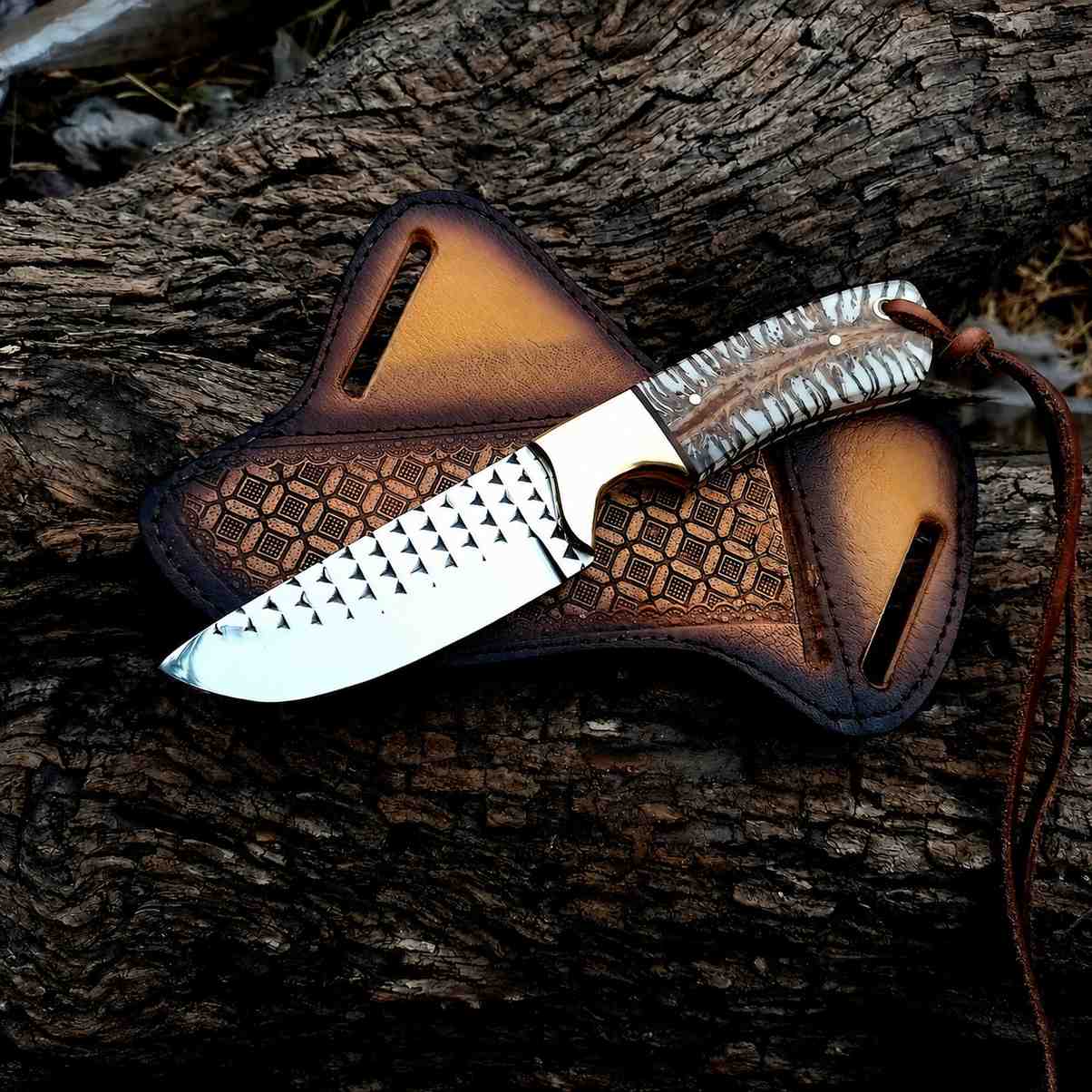 MALIKA KNIVES simple Rasp Steel Cowboy Knife – 8" Skinner with Pine Cone Handle & Crossdraw Sheath