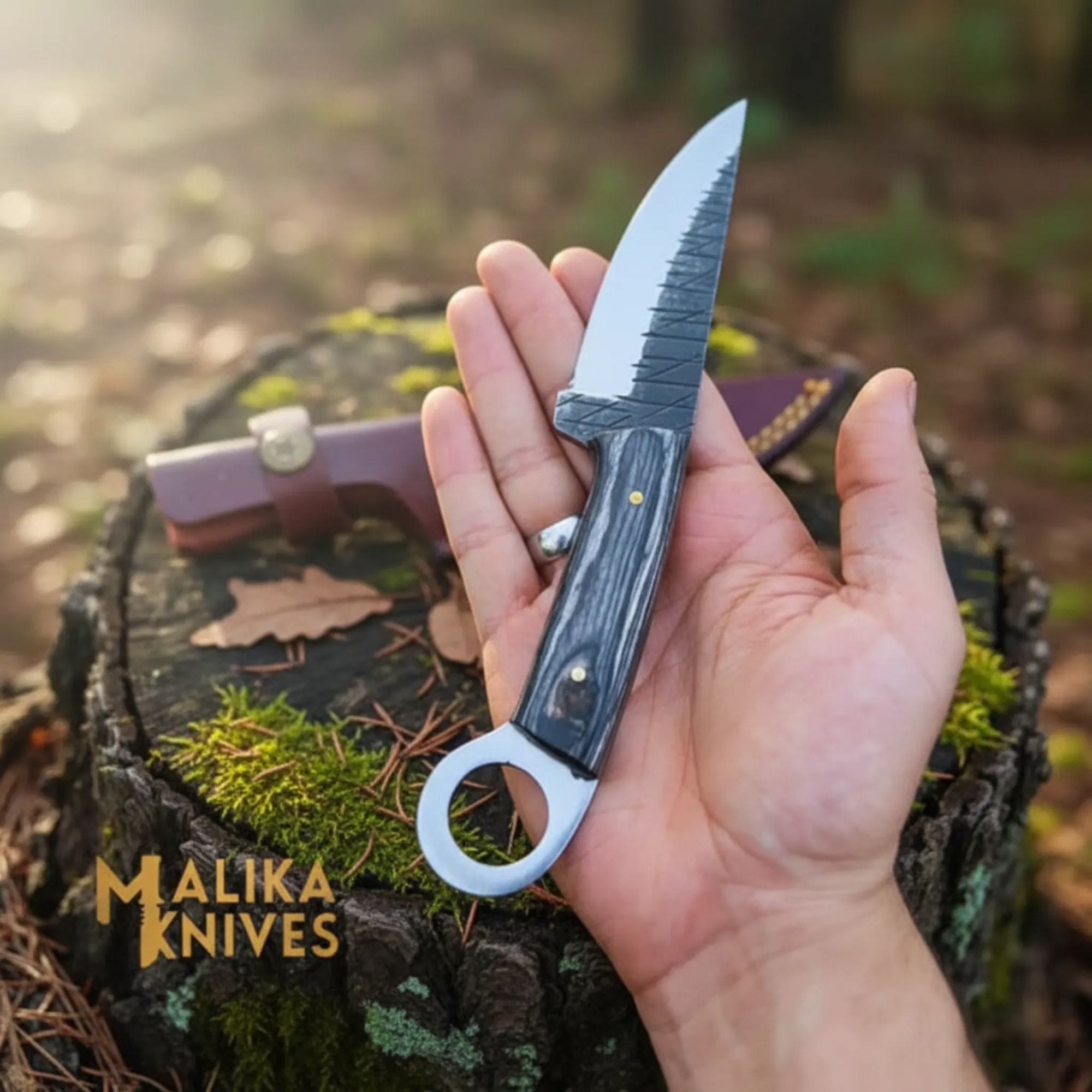 MALIKA KNIVES simple RingTail D2 Hunting Knife Pakka Wood Handle