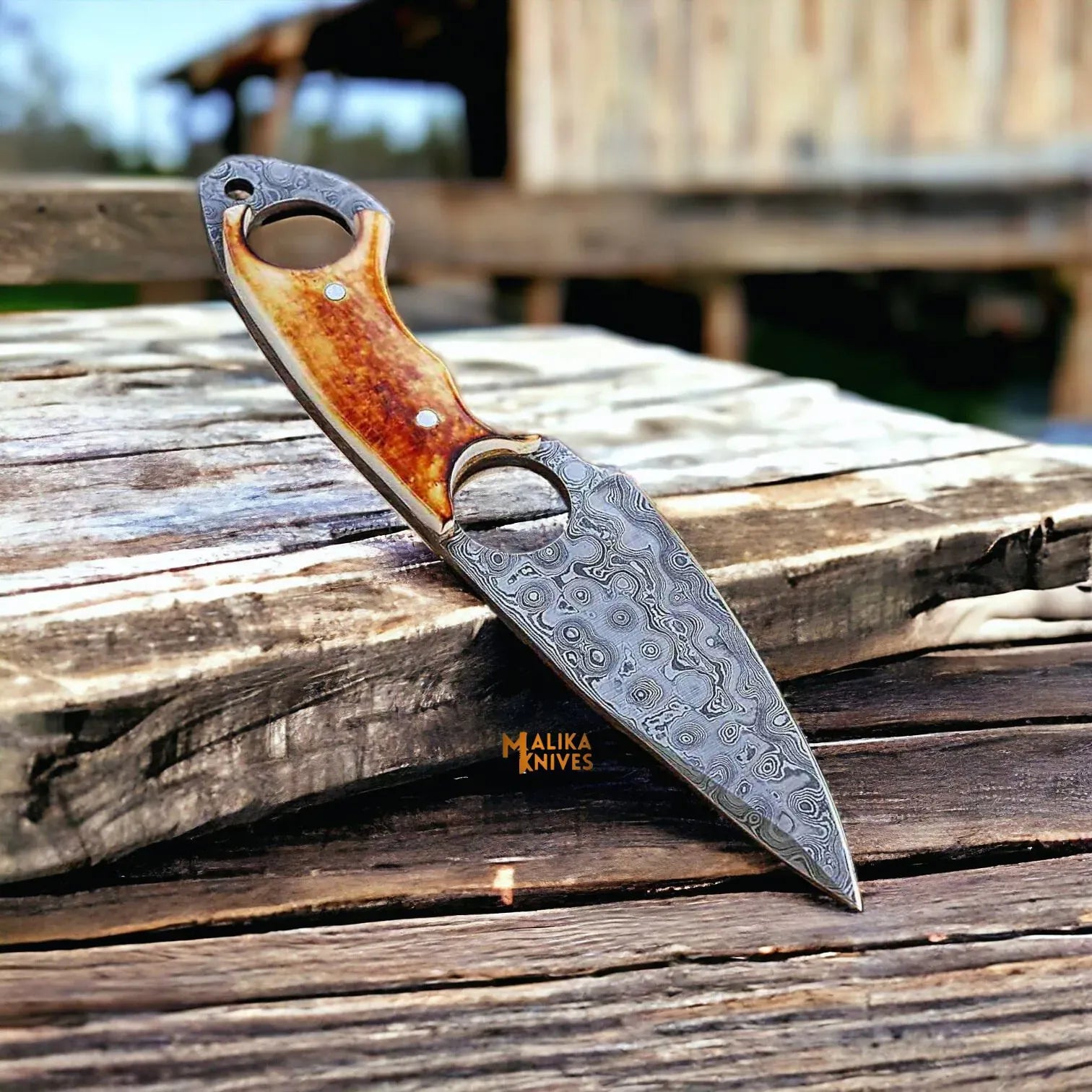 MALIKA KNIVES simple Ringtail Damascus Hunting Knife Camel Bone Handle