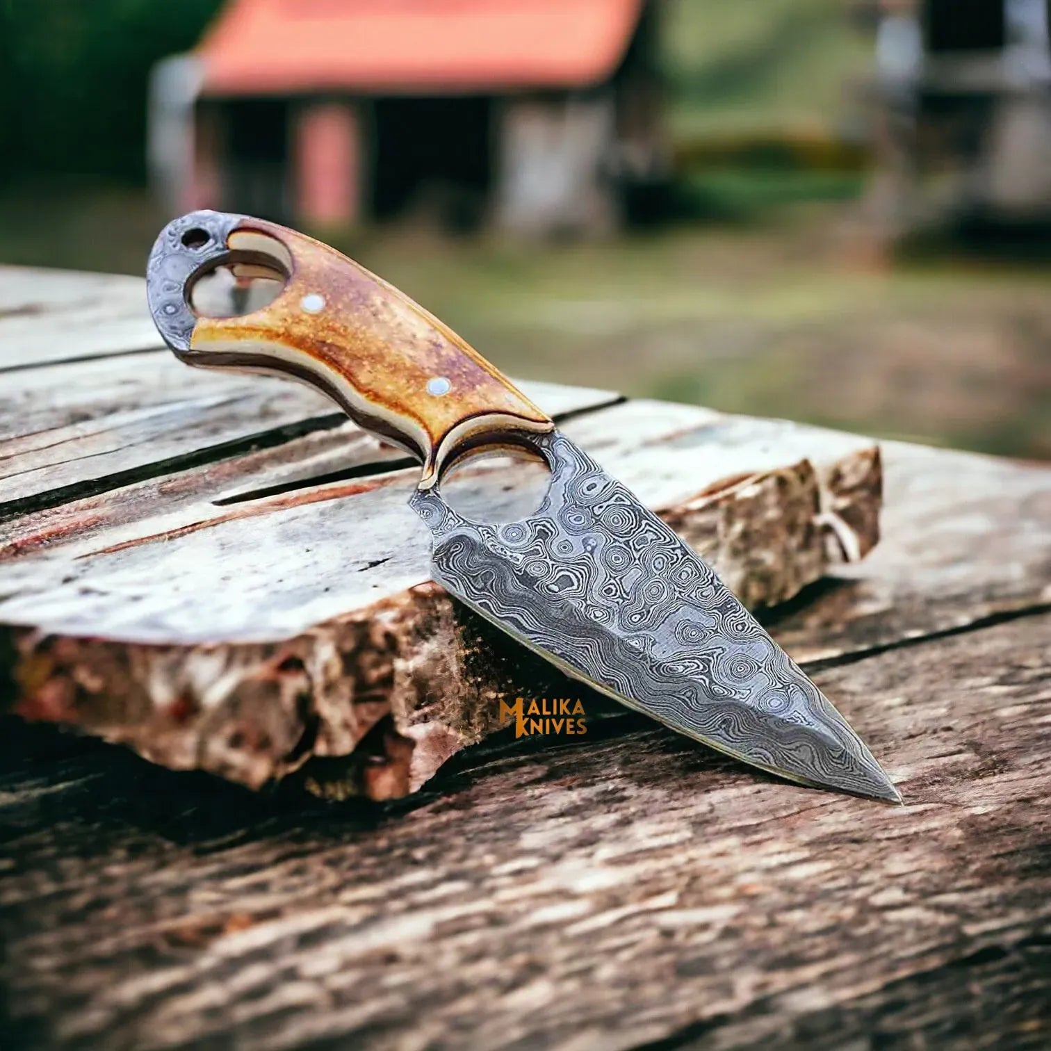MALIKA KNIVES simple Ringtail Damascus Hunting Knife Camel Bone Handle