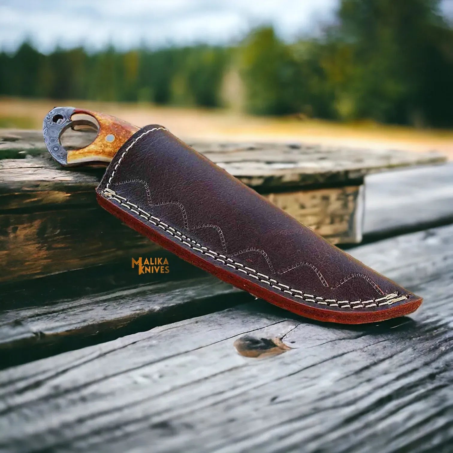 MALIKA KNIVES simple Ringtail Damascus Hunting Knife Camel Bone Handle
