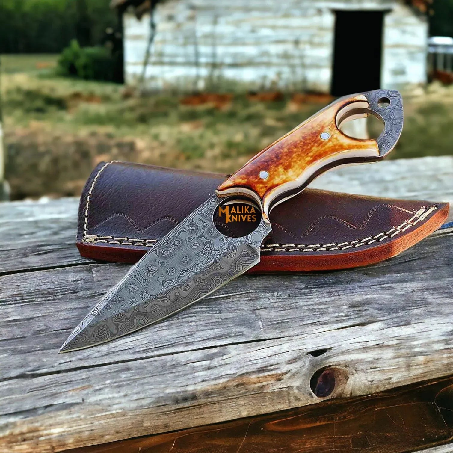 MALIKA KNIVES simple Ringtail Damascus Hunting Knife Camel Bone Handle