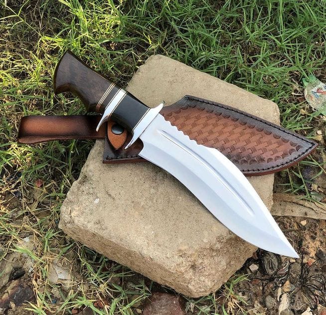 MALIKA KNIVES simple Rose wood + Micarta Bowie Knife D2 Steel Blade Dual Guard Leather Sheath