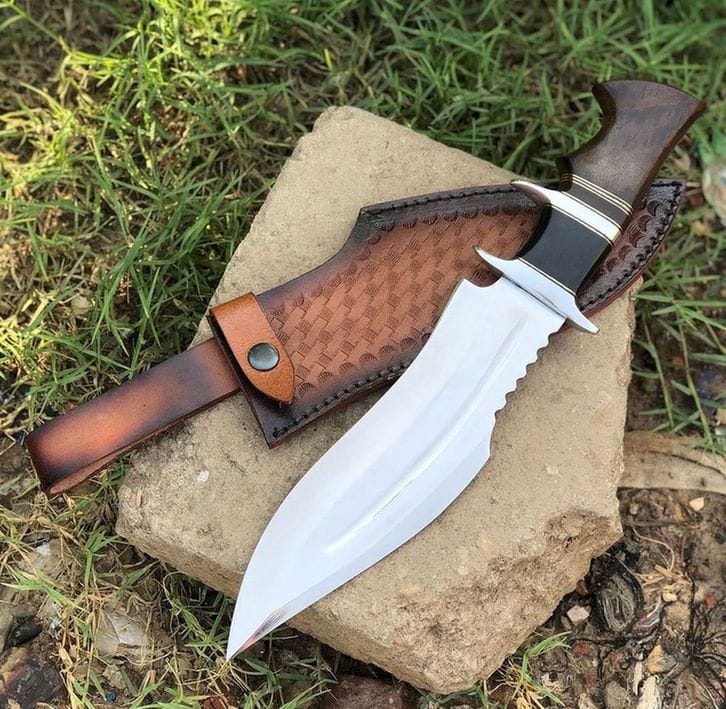 MALIKA KNIVES simple Rose wood + Micarta Bowie Knife D2 Steel Blade Dual Guard Leather Sheath