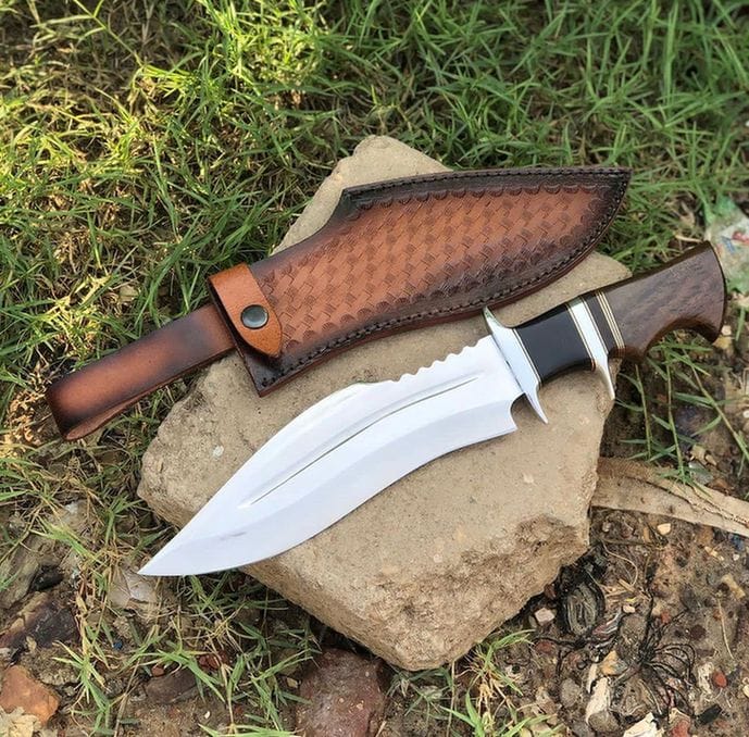 MALIKA KNIVES simple Rose wood + Micarta Bowie Knife D2 Steel Blade Dual Guard Leather Sheath