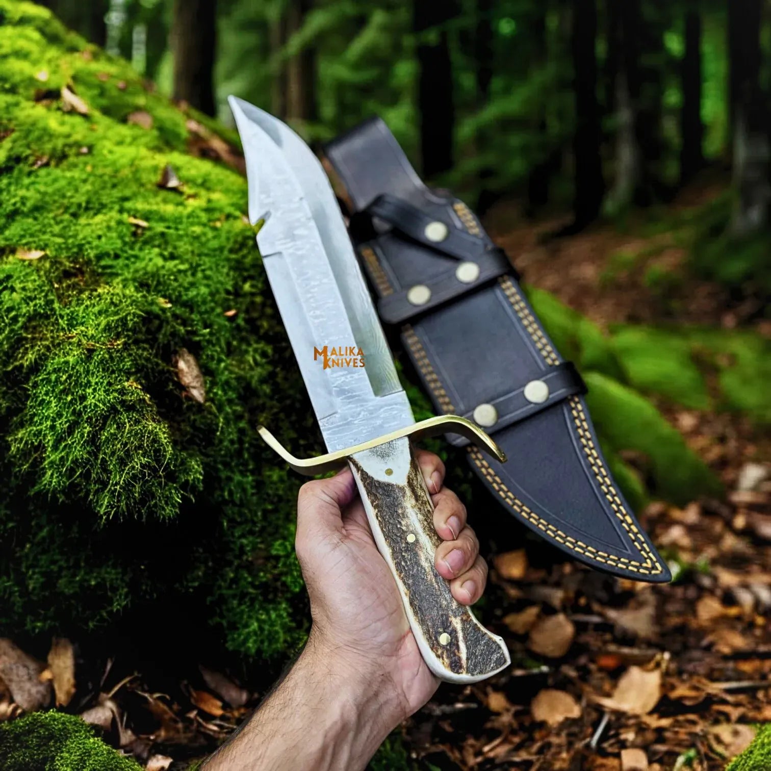 MALIKA KNIVES simple SS Damascus Gut Hook Bowie Knife Stag Antler Handle Sheath