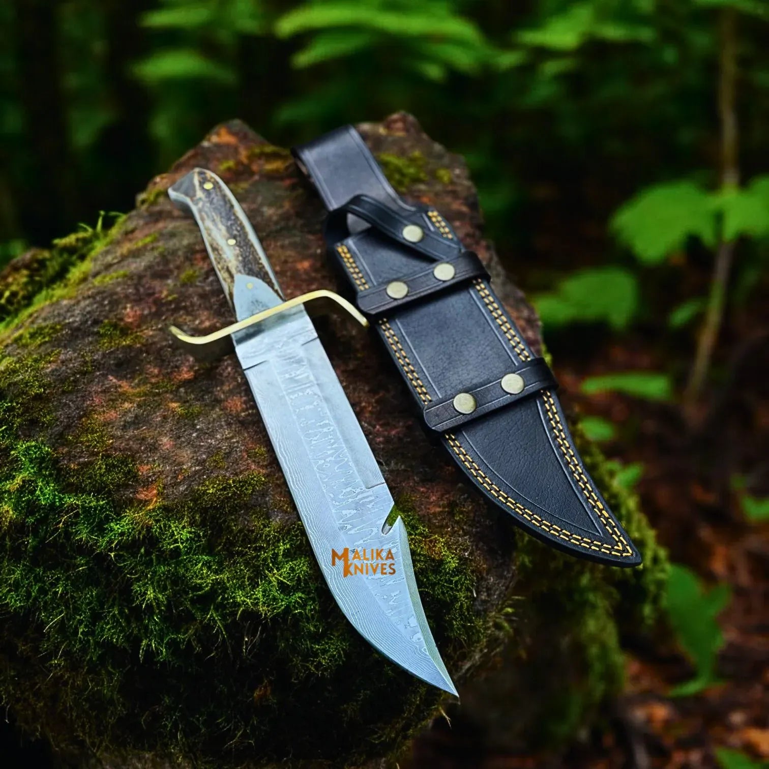MALIKA KNIVES simple SS Damascus Gut Hook Bowie Knife Stag Antler Handle Sheath