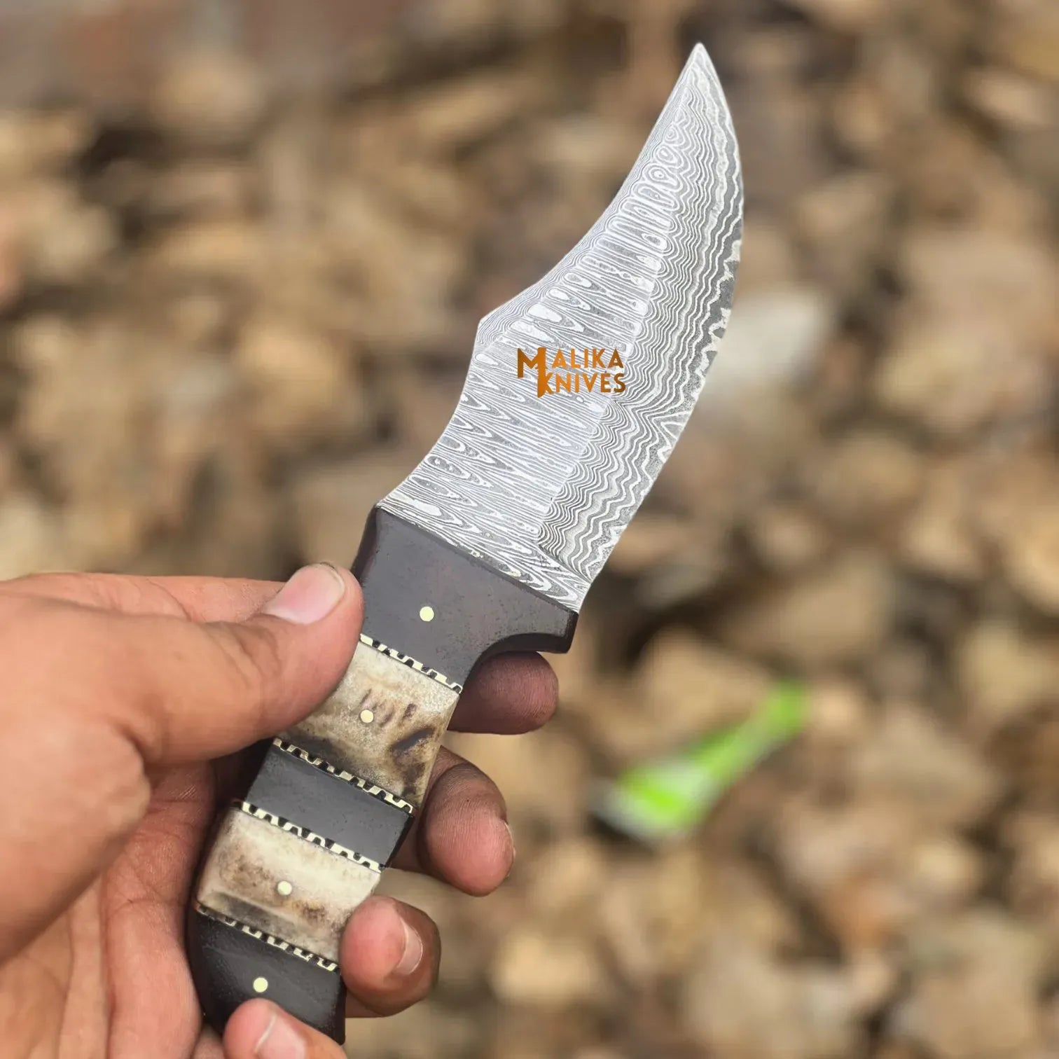 MALIKA KNIVES simple SS Damascus Stag Skinner Knife with Custom Leather Sheath-0047