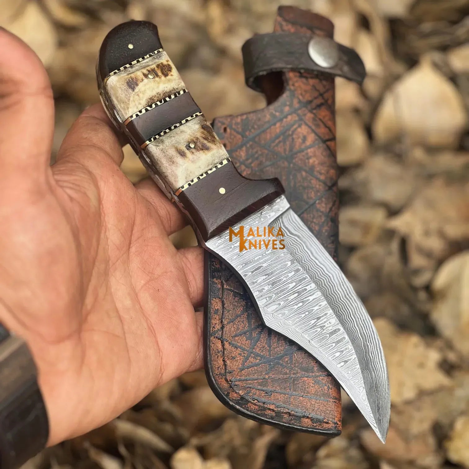 MALIKA KNIVES simple SS Damascus Stag Skinner Knife with Custom Leather Sheath-0047