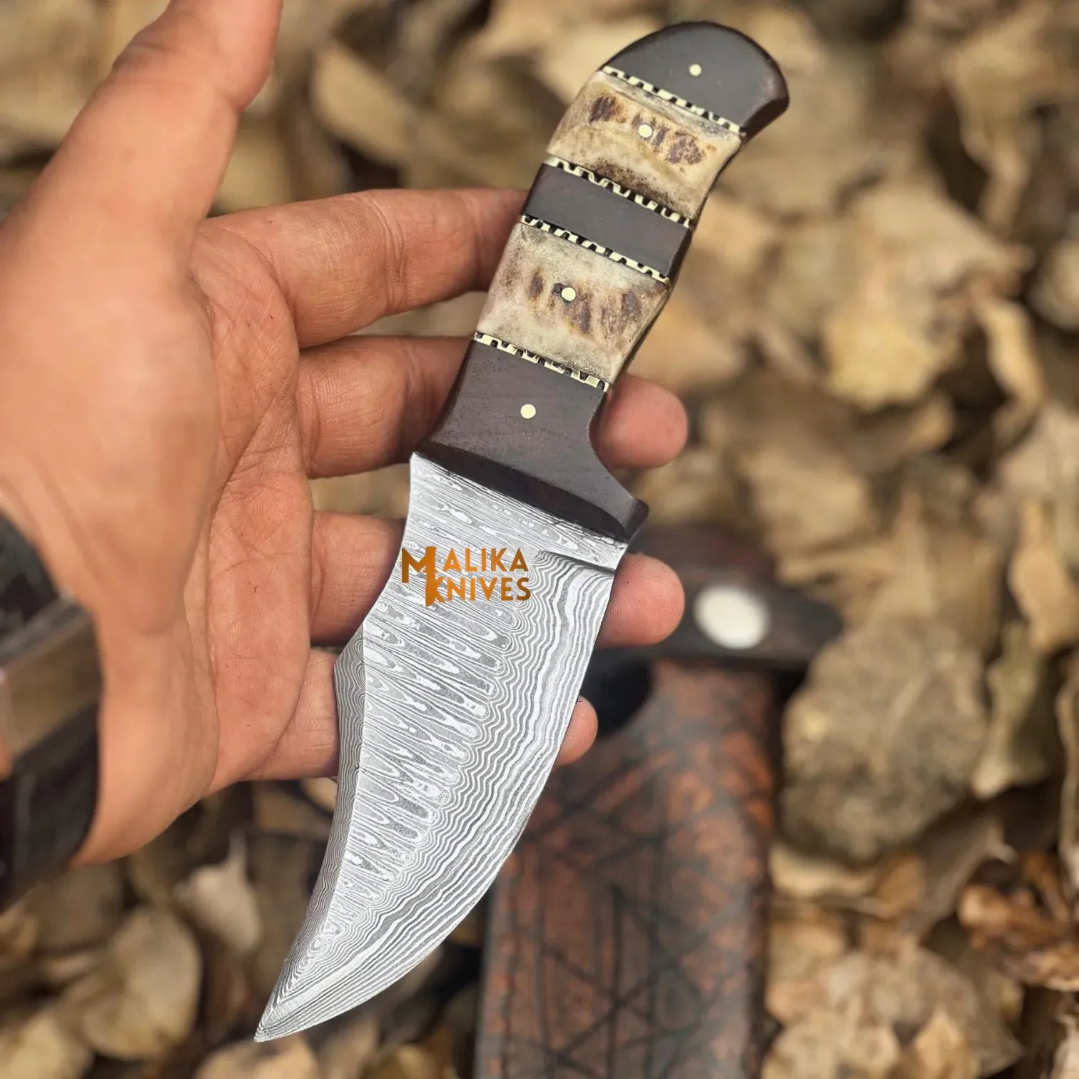 MALIKA KNIVES simple SS Damascus Stag Skinner Knife with Custom Leather Sheath-0047