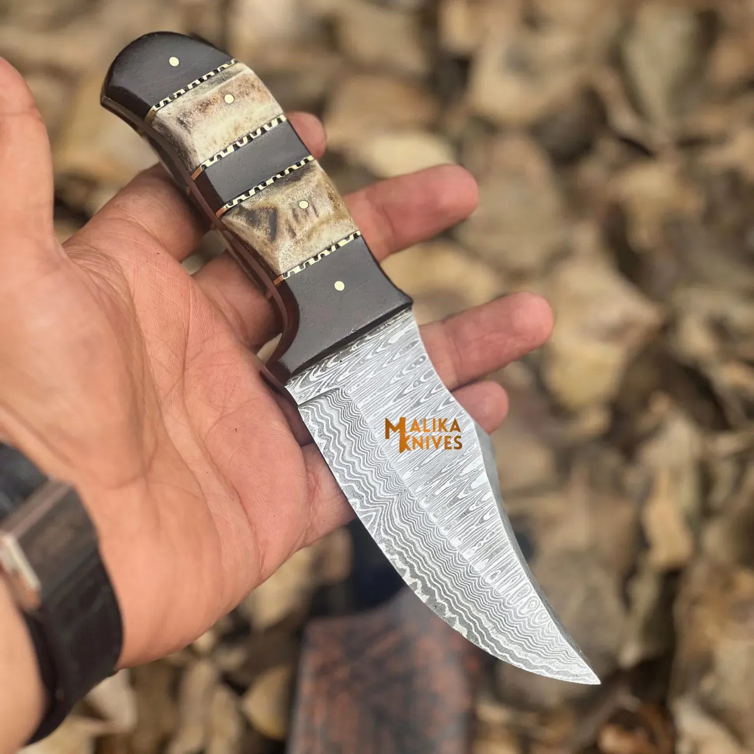 MALIKA KNIVES simple SS Damascus Stag Skinner Knife with Custom Leather Sheath-0047