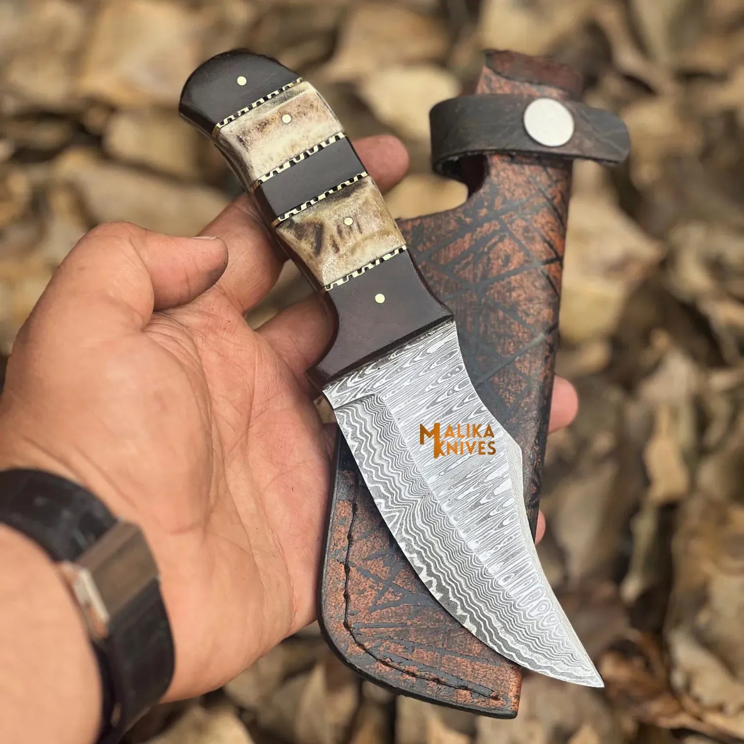MALIKA KNIVES simple SS Damascus Stag Skinner Knife with Custom Leather Sheath-0047