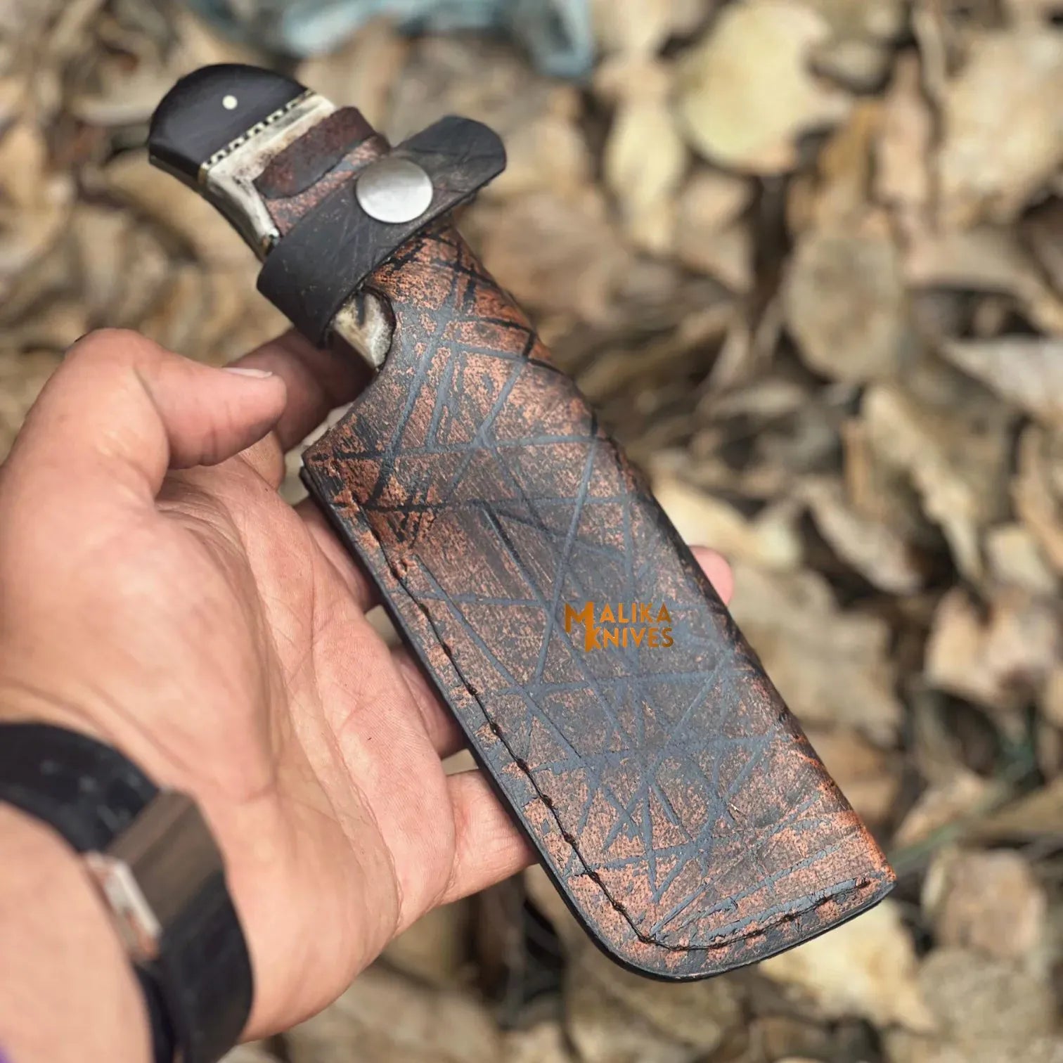 MALIKA KNIVES simple SS Damascus Stag Skinner Knife with Custom Leather Sheath-0047