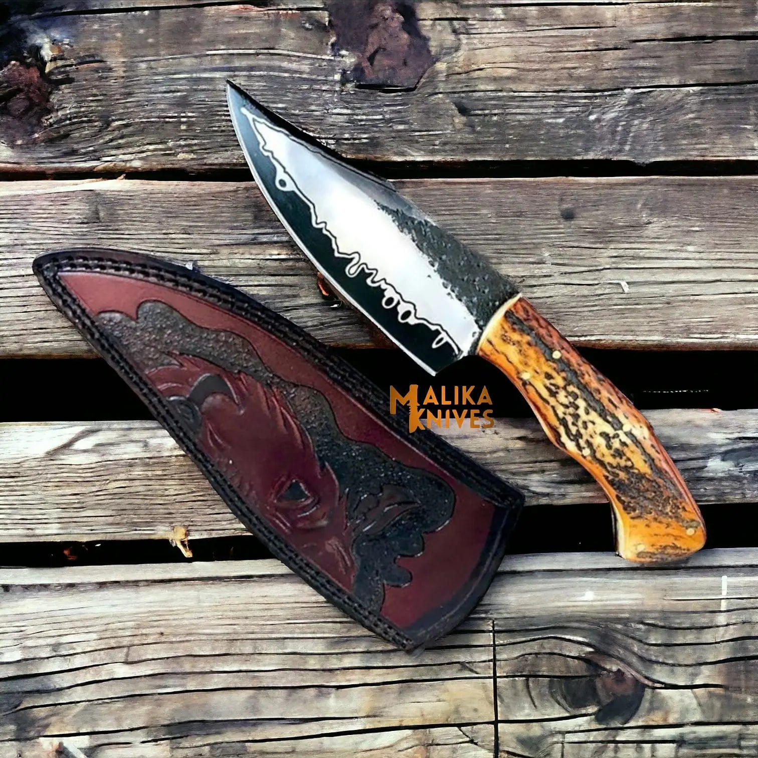 MALIKA KNIVES simple Stag Handle D2 Hunting Knife Full Tang