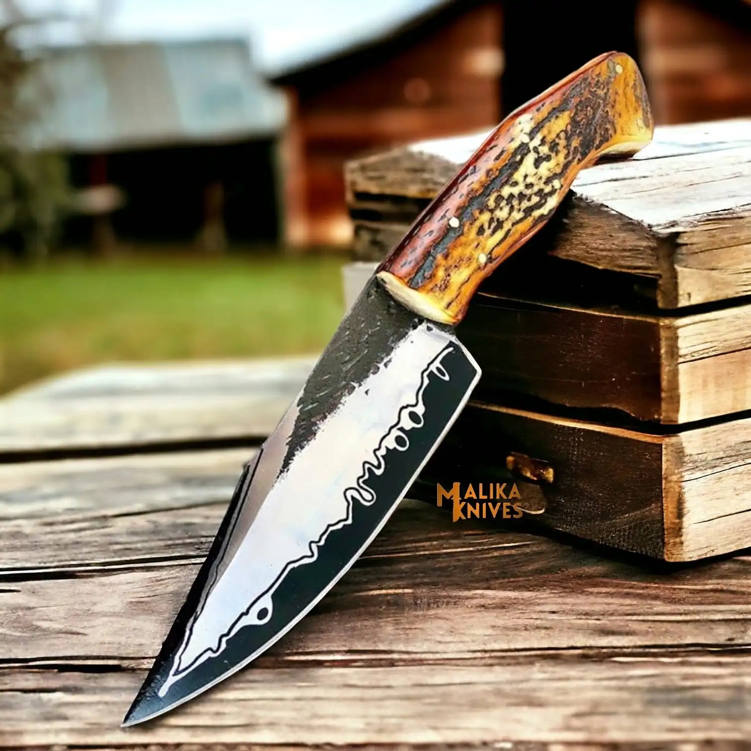 MALIKA KNIVES simple Stag Handle D2 Hunting Knife Full Tang
