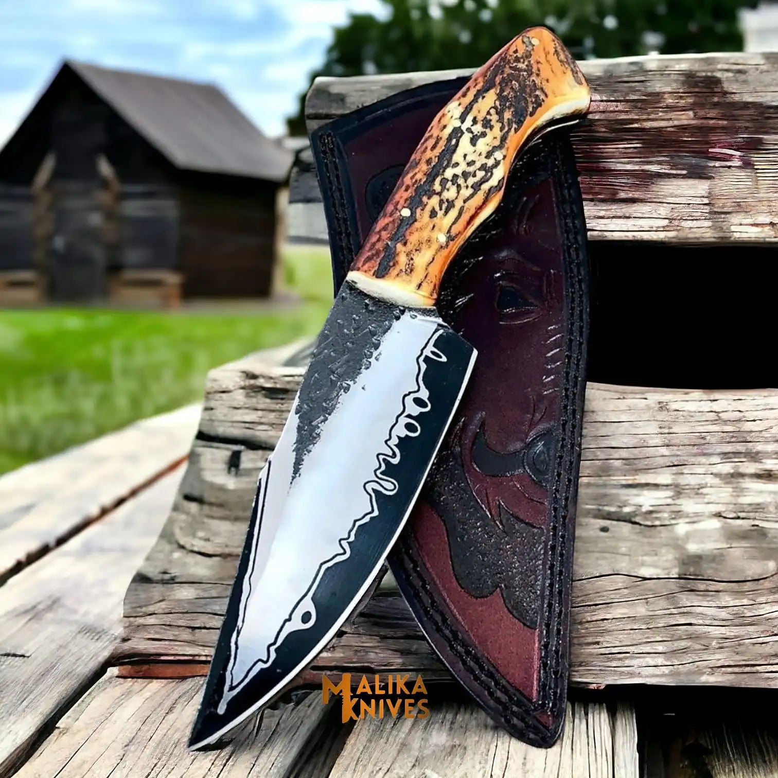 MALIKA KNIVES simple Stag Handle D2 Hunting Knife Full Tang