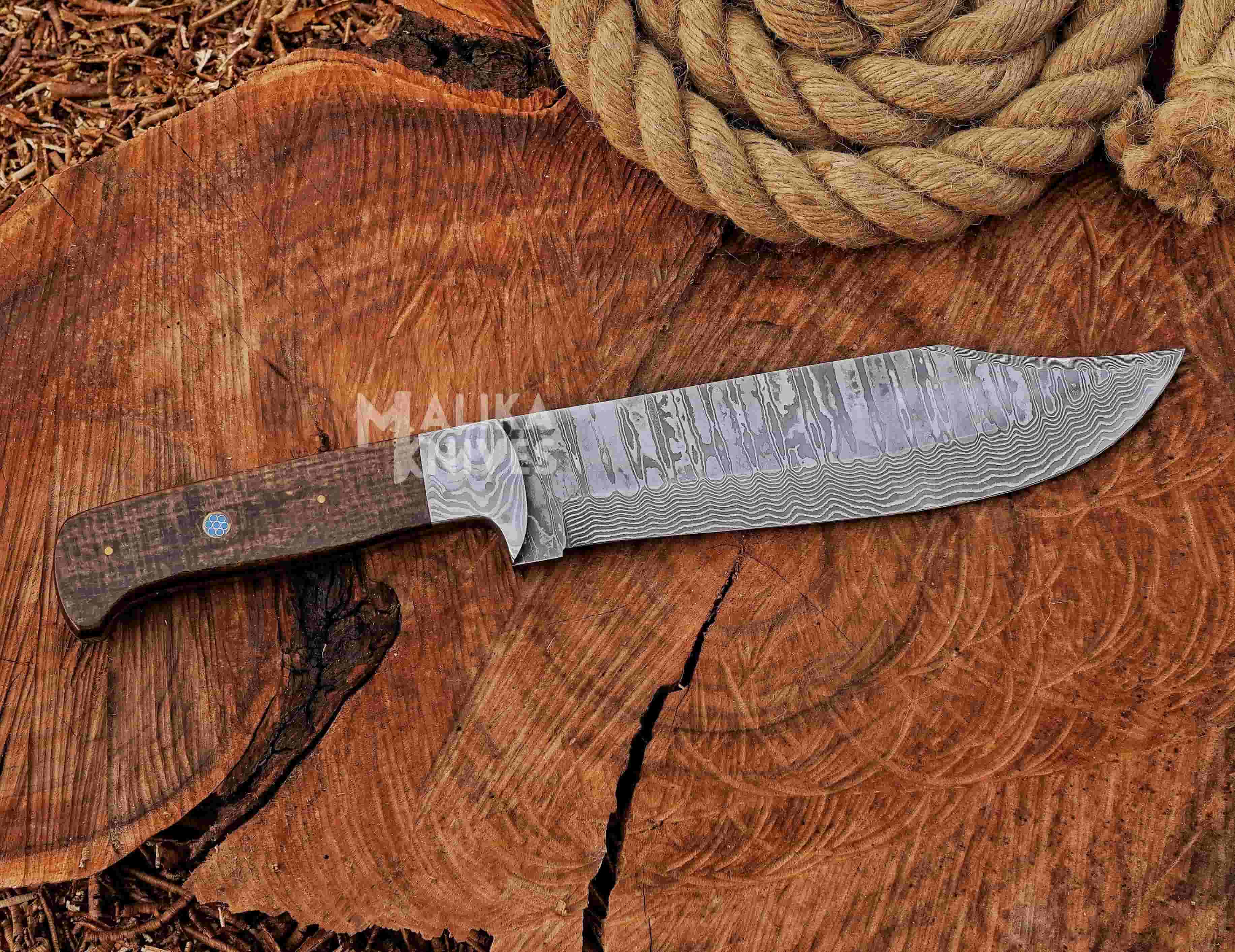 MALIKA KNIVES simple Stainless Damascus Hunting Knife with Leather Sheath.