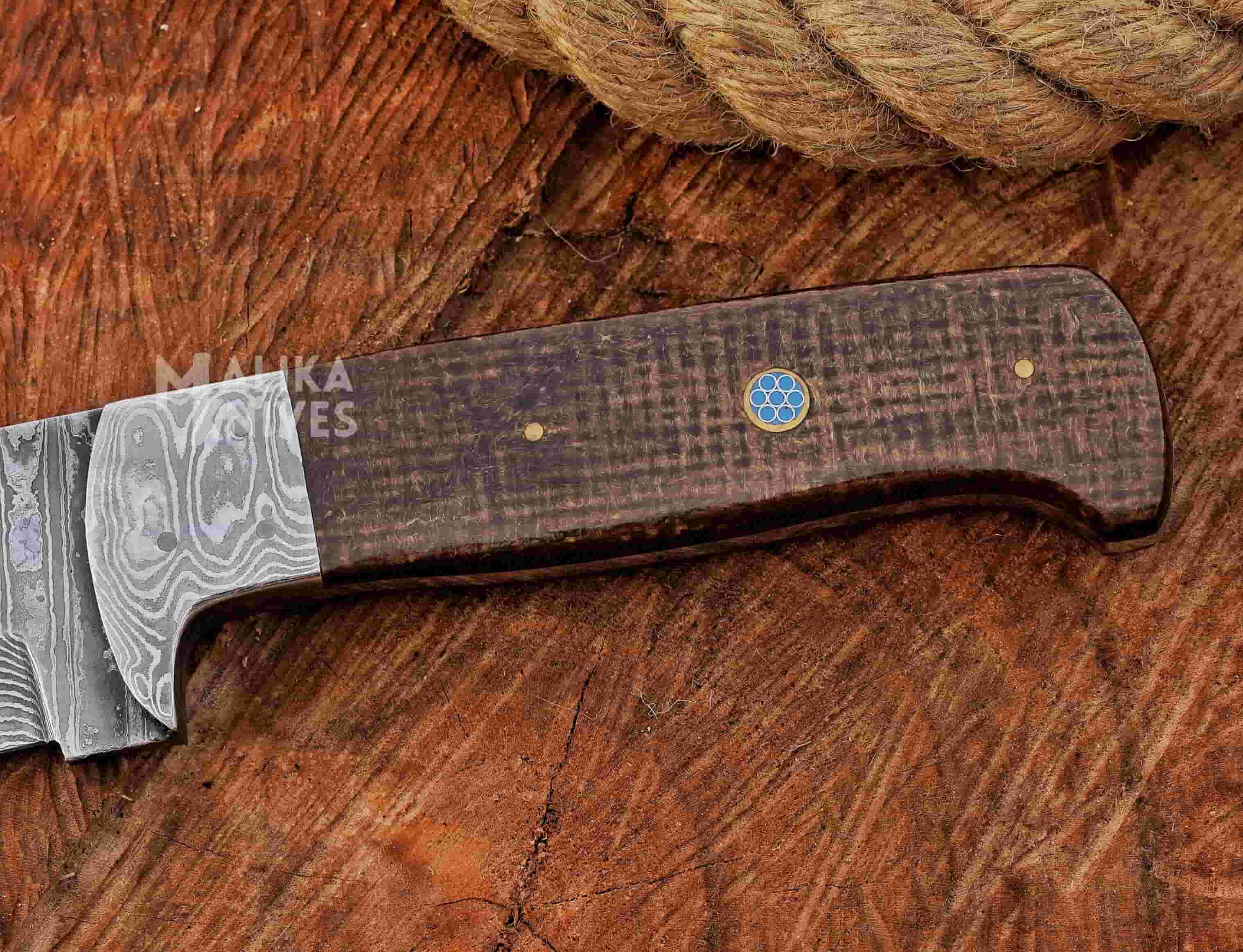 MALIKA KNIVES simple Stainless Damascus Hunting Knife with Leather Sheath.