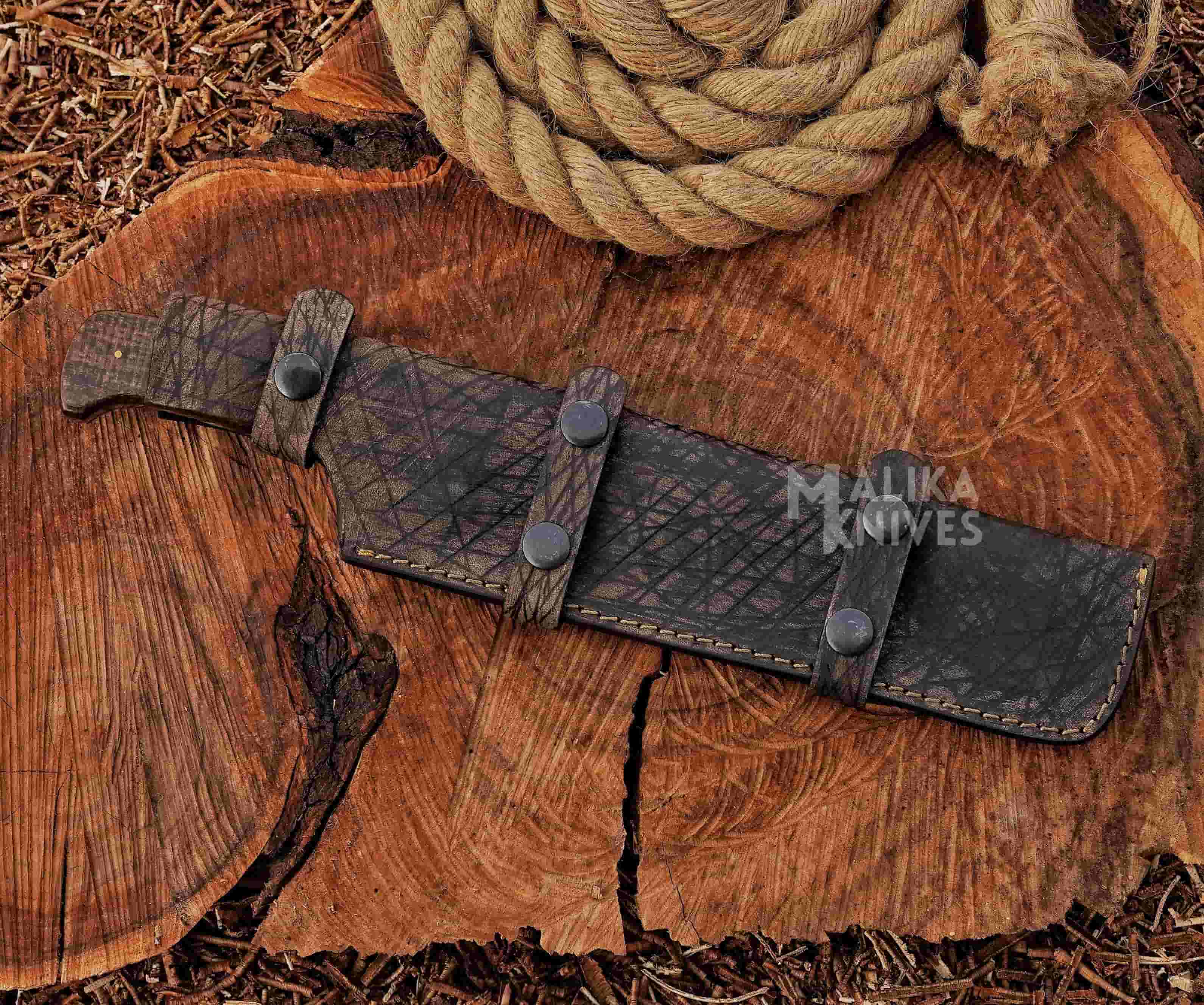 MALIKA KNIVES simple Stainless Damascus Hunting Knife with Leather Sheath.