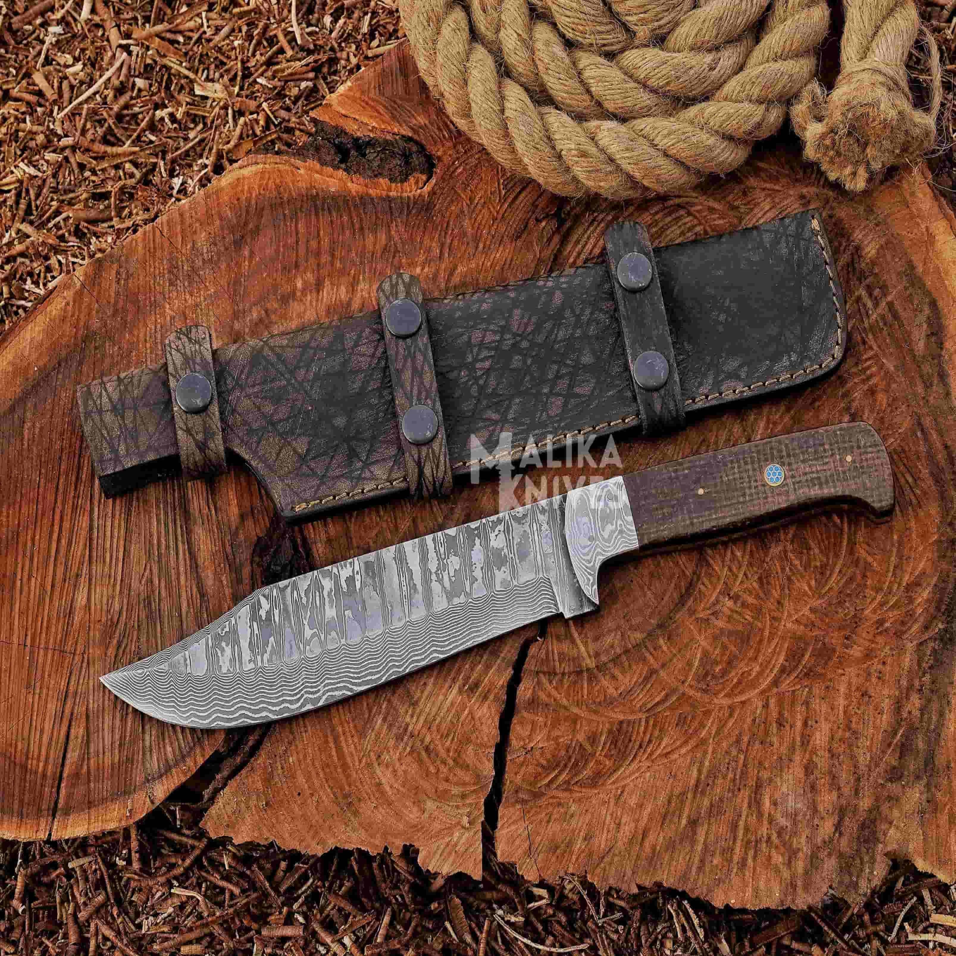 MALIKA KNIVES simple Stainless Damascus Hunting Knife with Leather Sheath.