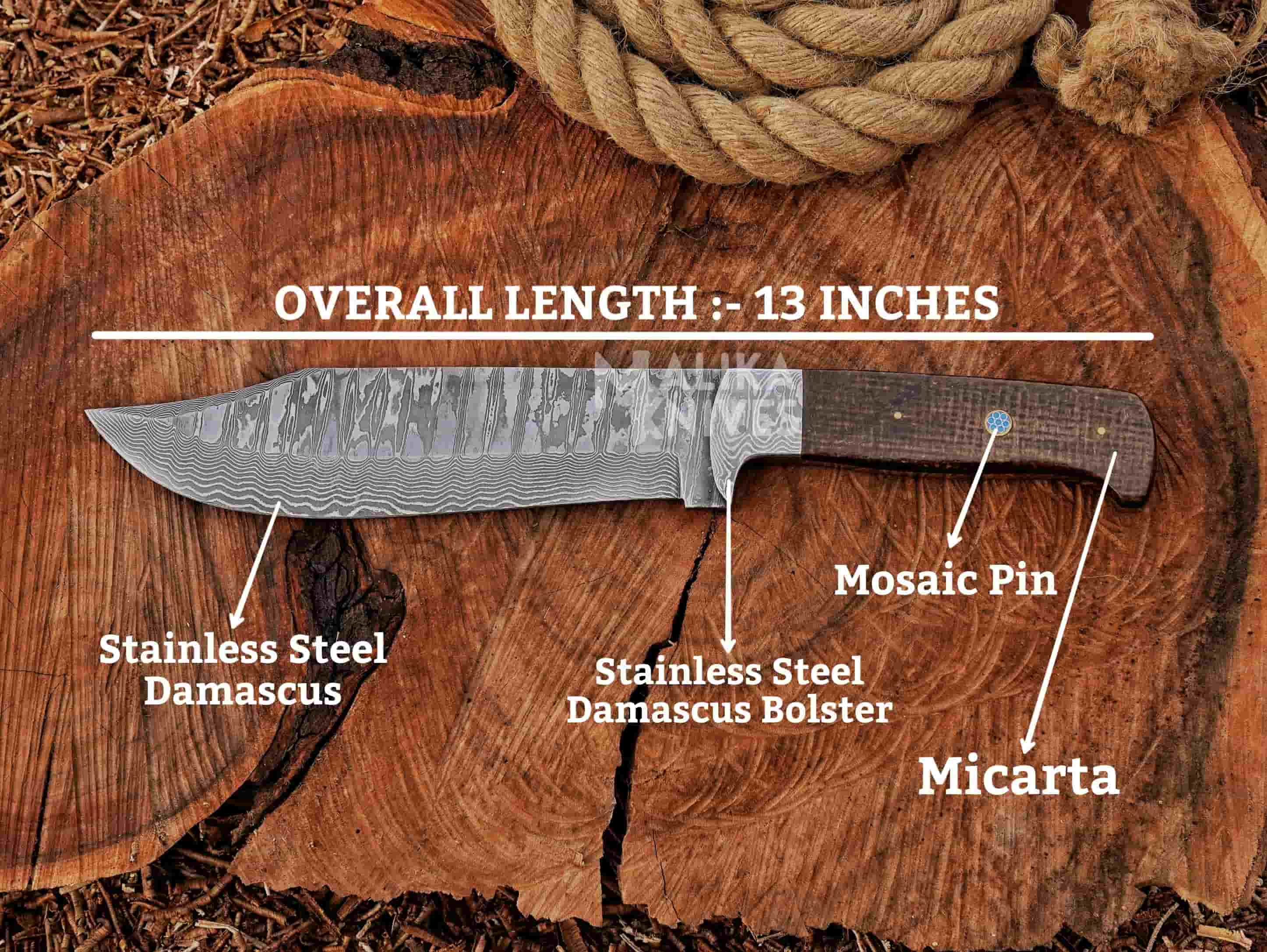 MALIKA KNIVES simple Stainless Damascus Hunting Knife with Leather Sheath.