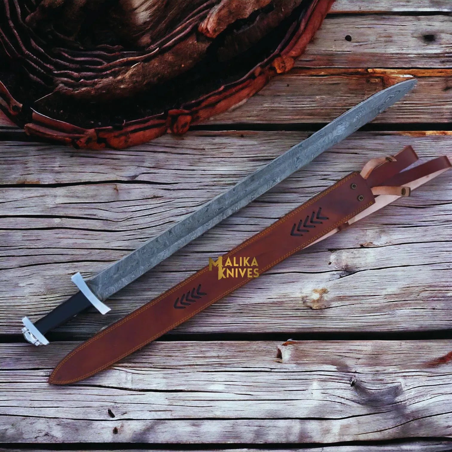 MALIKA KNIVES simple Ulfberht Damascus Viking Sword | Leather Sheath