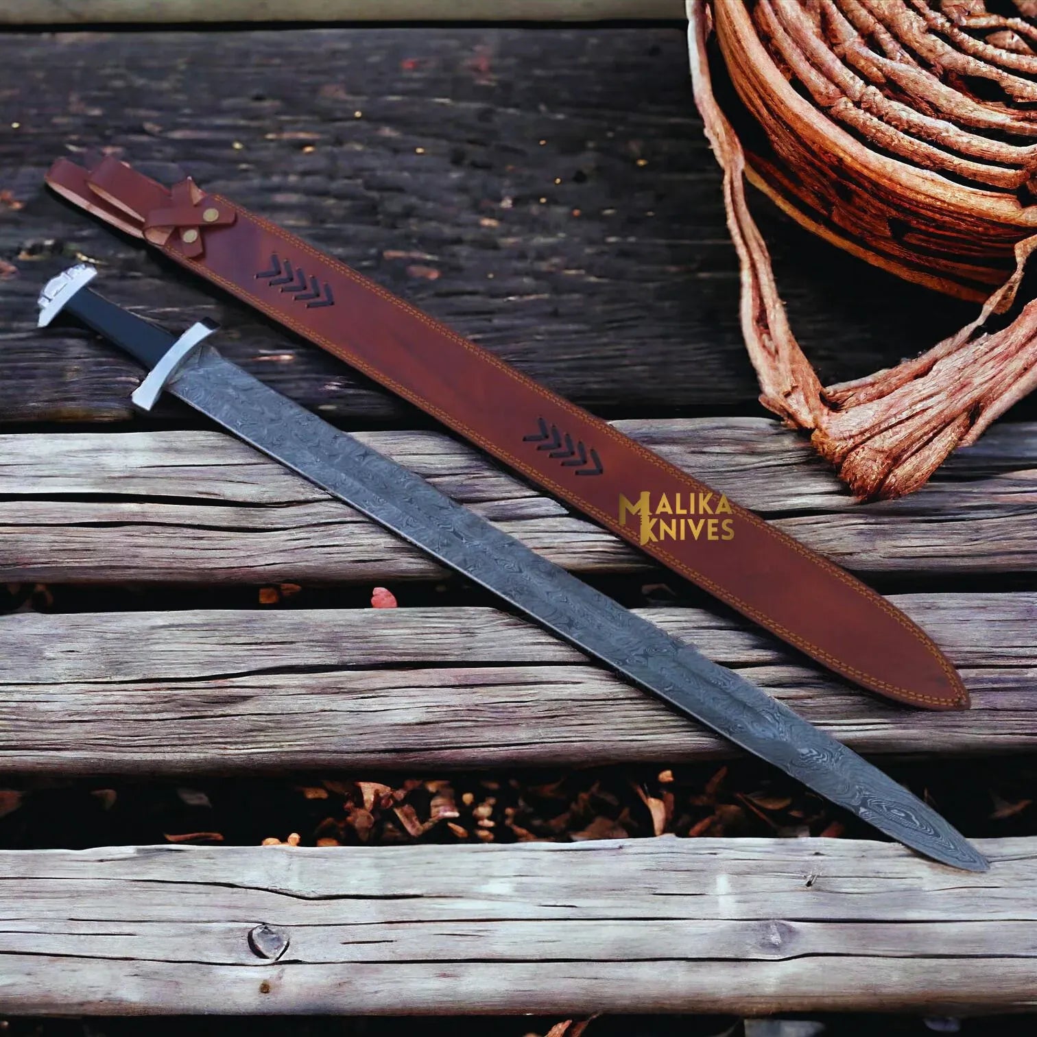 MALIKA KNIVES simple Ulfberht Damascus Viking Sword | Leather Sheath