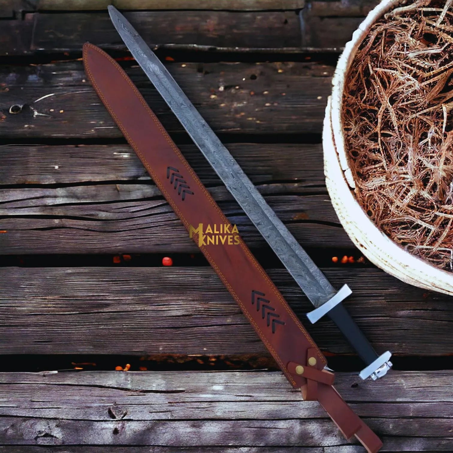 MALIKA KNIVES simple Ulfberht Damascus Viking Sword | Leather Sheath