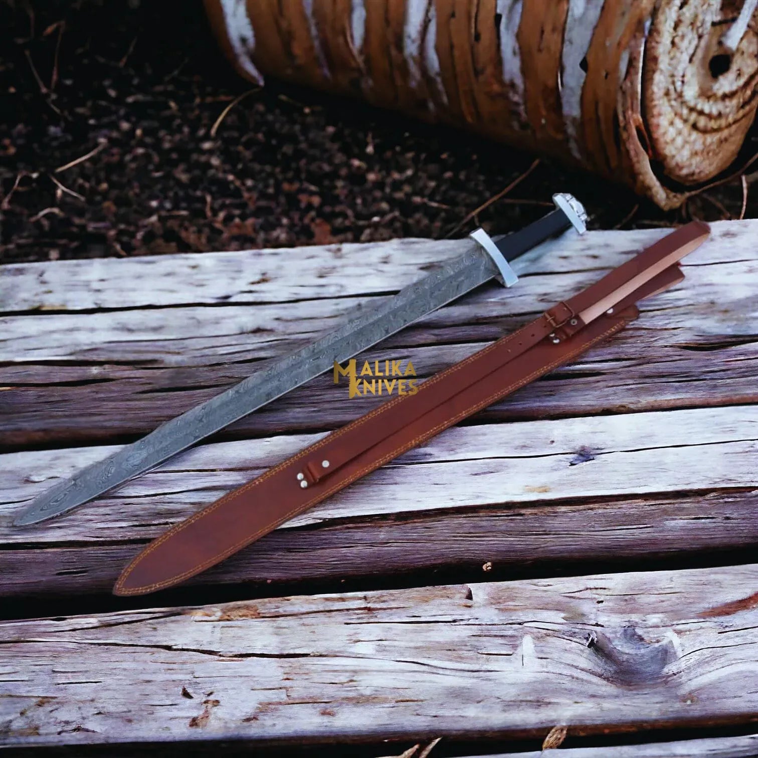 MALIKA KNIVES simple Ulfberht Damascus Viking Sword | Leather Sheath