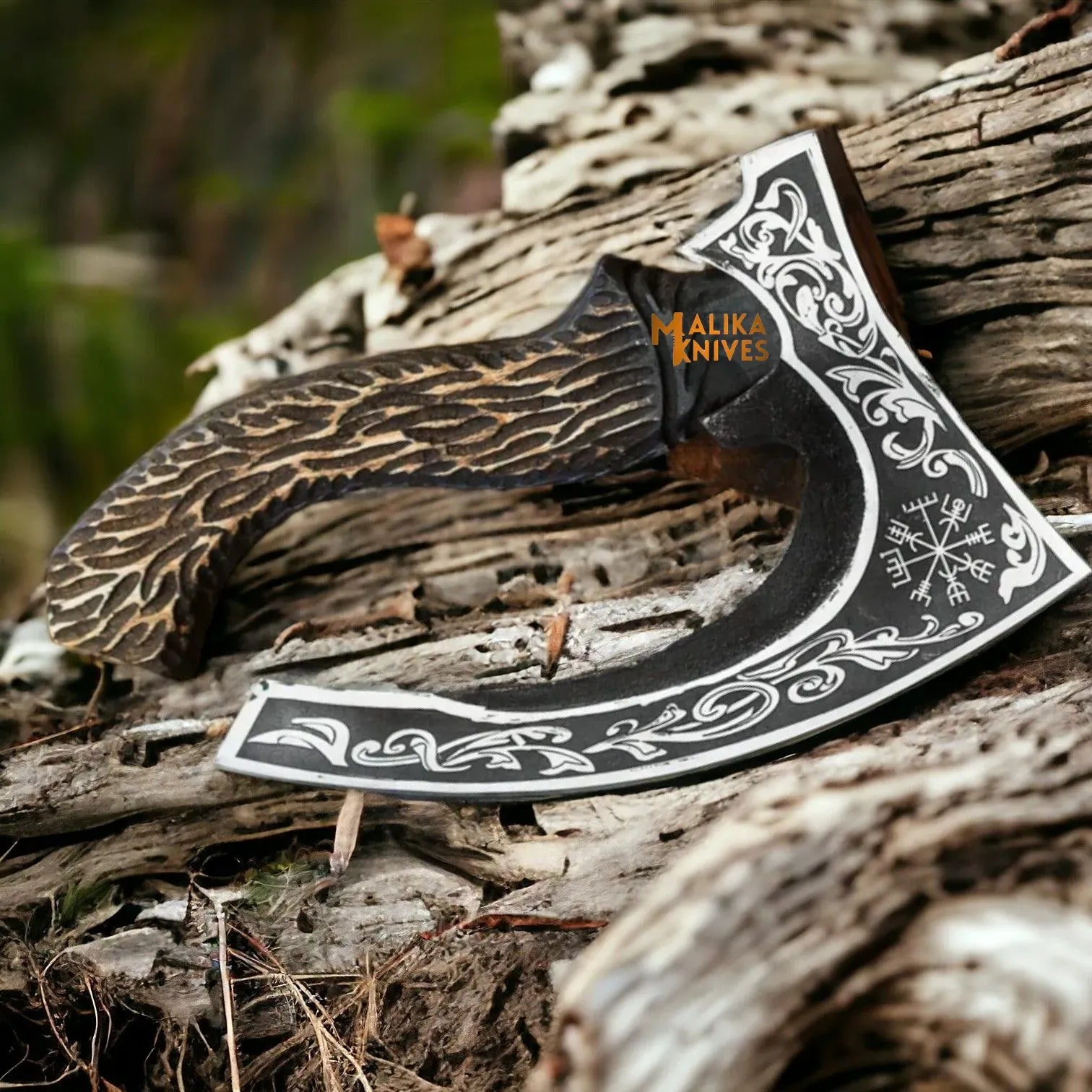 MALIKA KNIVES simple Vegvisir Viking Pizza Cutter Axe-Handforged Axe with Leather Sheath-1301