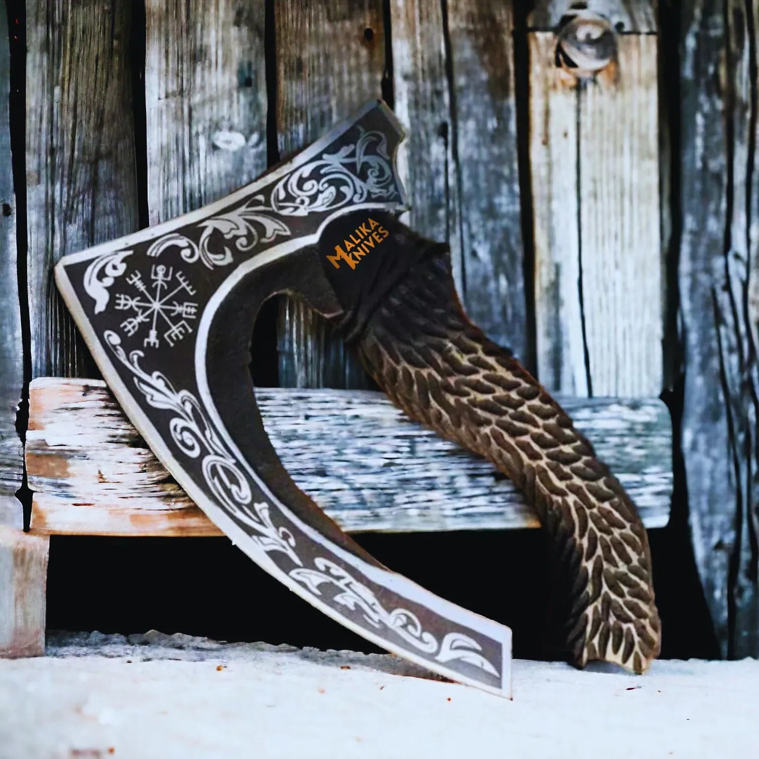 MALIKA KNIVES simple Vegvisir Viking Pizza Cutter Axe-Handforged Axe with Leather Sheath-1301
