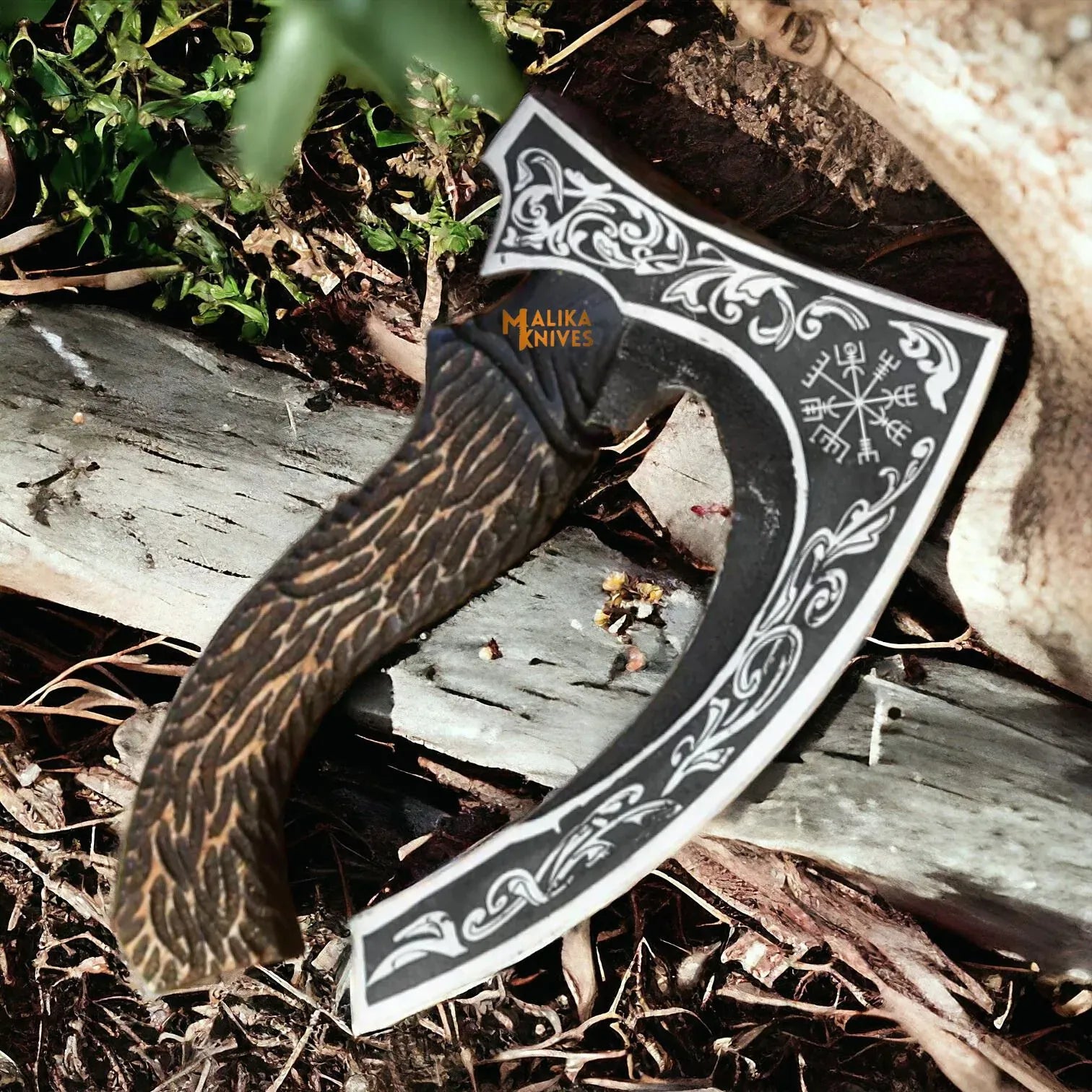 MALIKA KNIVES simple Vegvisir Viking Pizza Cutter Axe-Handforged Axe with Leather Sheath-1301