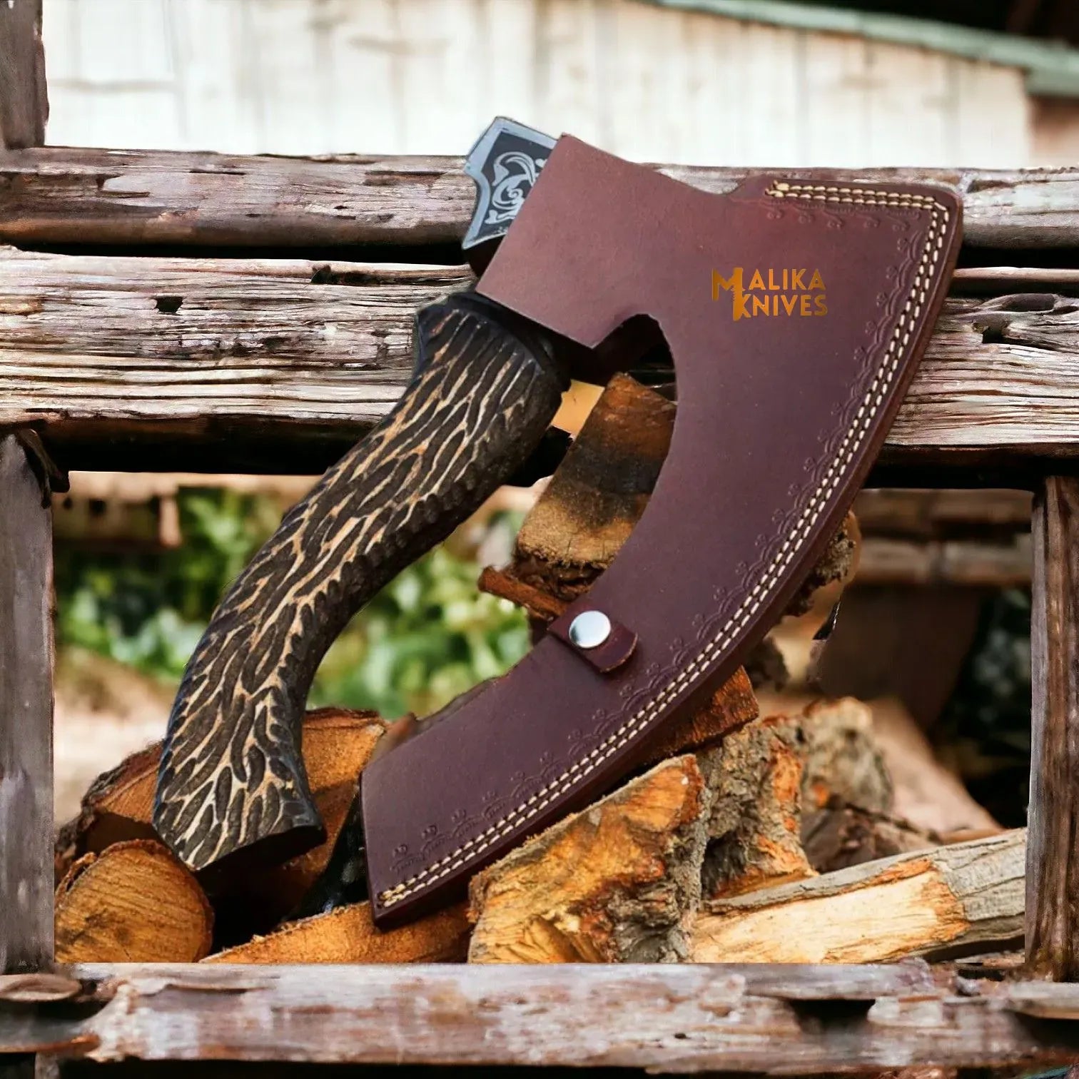 MALIKA KNIVES simple Vegvisir Viking Pizza Cutter Axe-Handforged Axe with Leather Sheath-1301