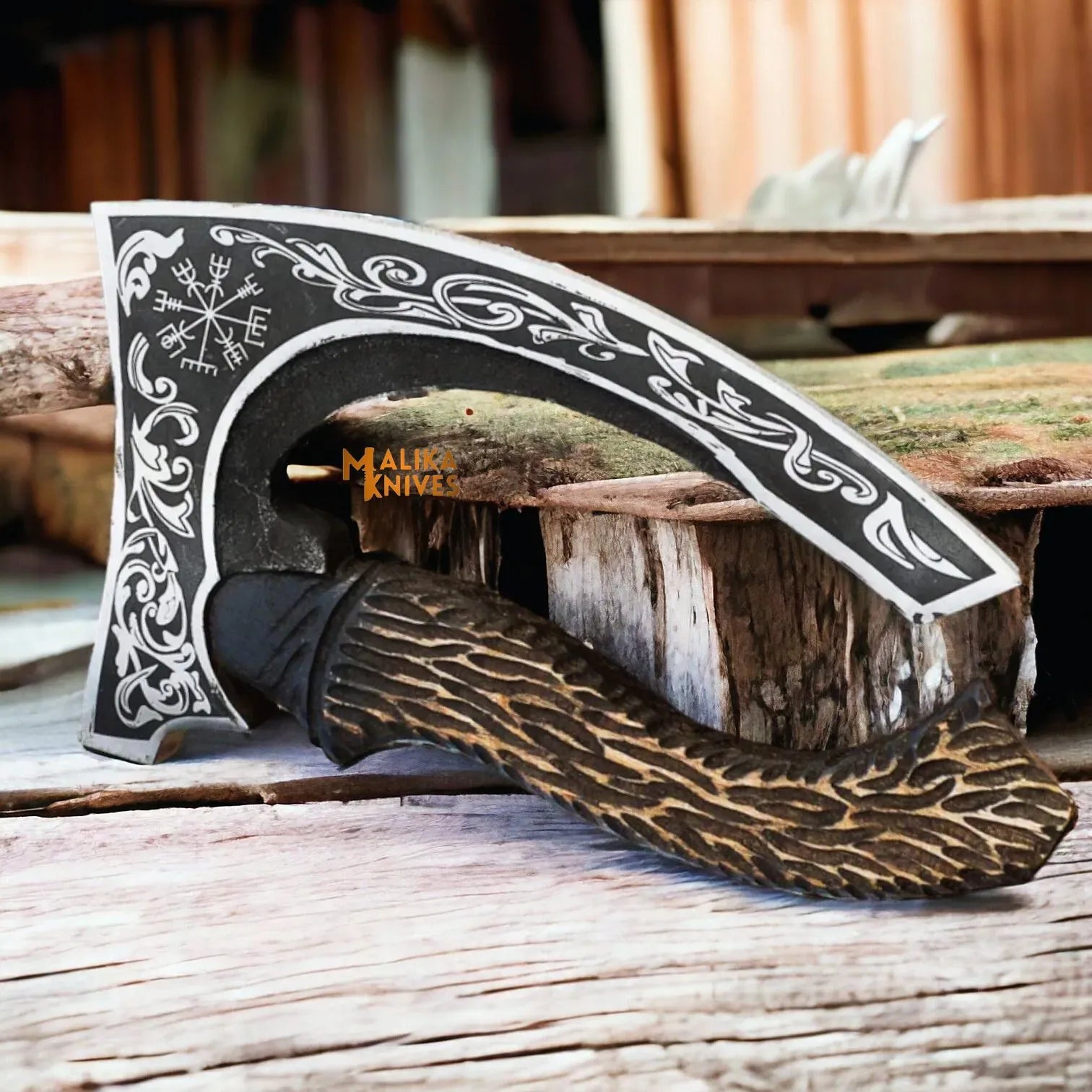 MALIKA KNIVES simple Vegvisir Viking Pizza Cutter Axe-Handforged Axe with Leather Sheath-1301