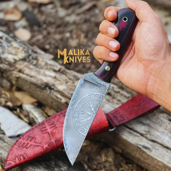 MALIKA KNIVES simple Viking Hunting Knife D2 Steel Vegvisir Engraved
