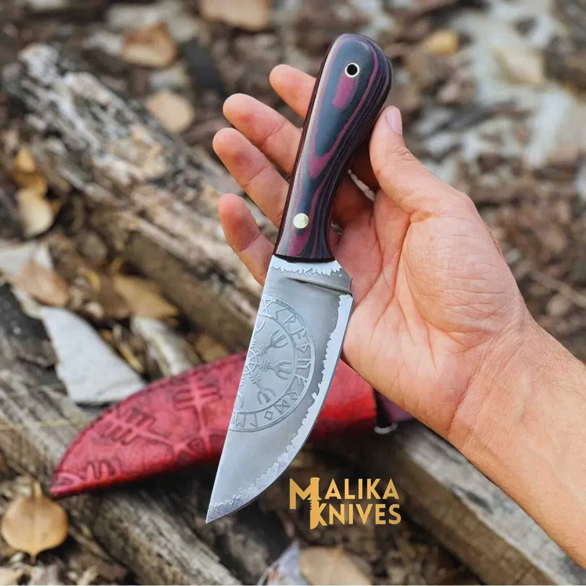 MALIKA KNIVES simple Viking Hunting Knife D2 Steel Vegvisir Engraved