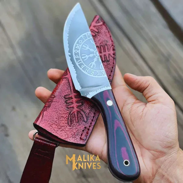 MALIKA KNIVES simple Viking Hunting Knife D2 Steel Vegvisir Engraved