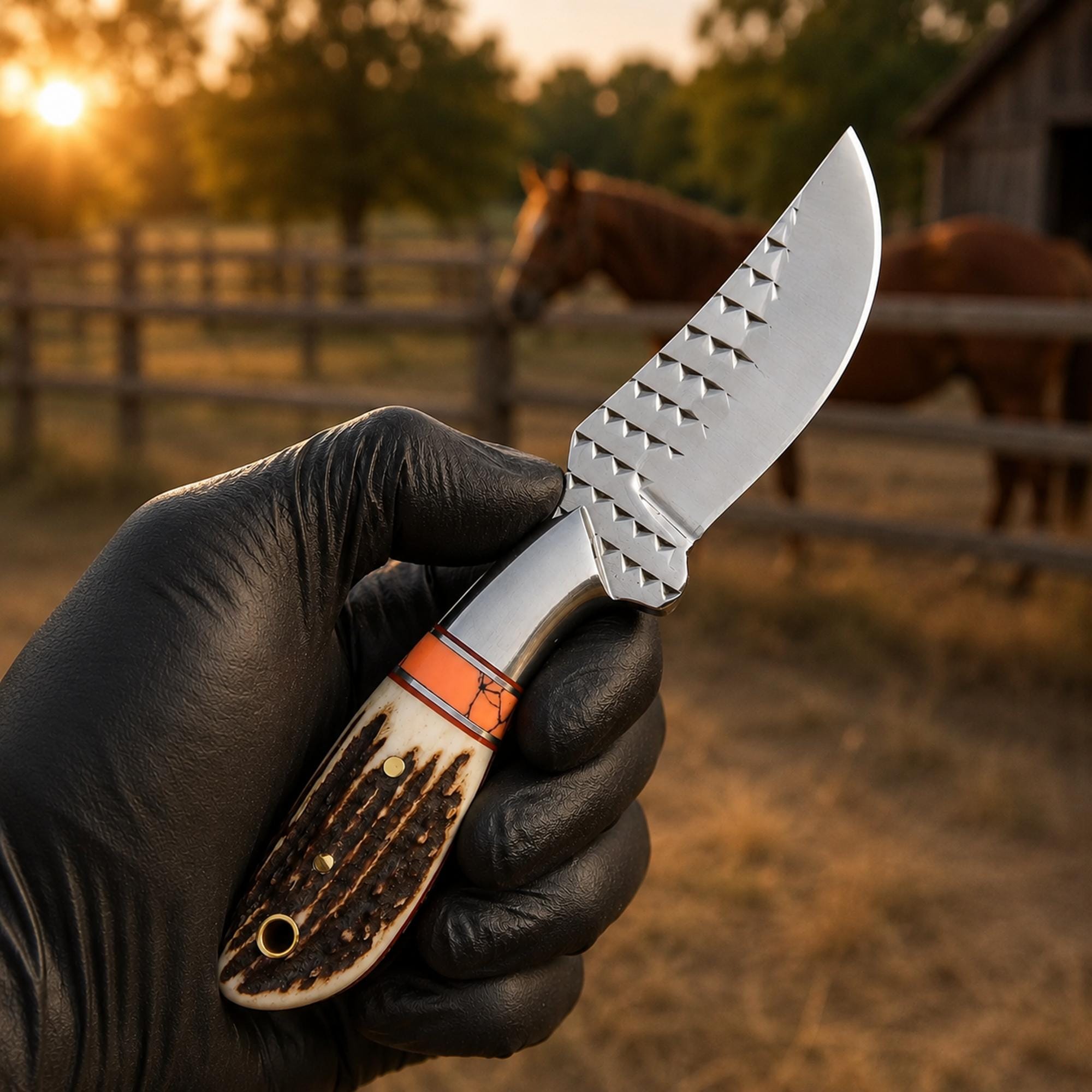 MALIKA KNIVES simple Western Belt Knife D2 Rasp Steel Stag Horn Handle