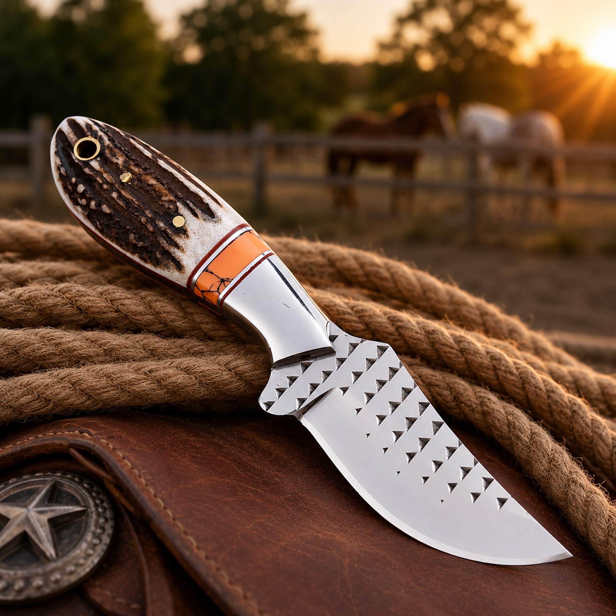 MALIKA KNIVES simple Western Belt Knife D2 Rasp Steel Stag Horn Handle