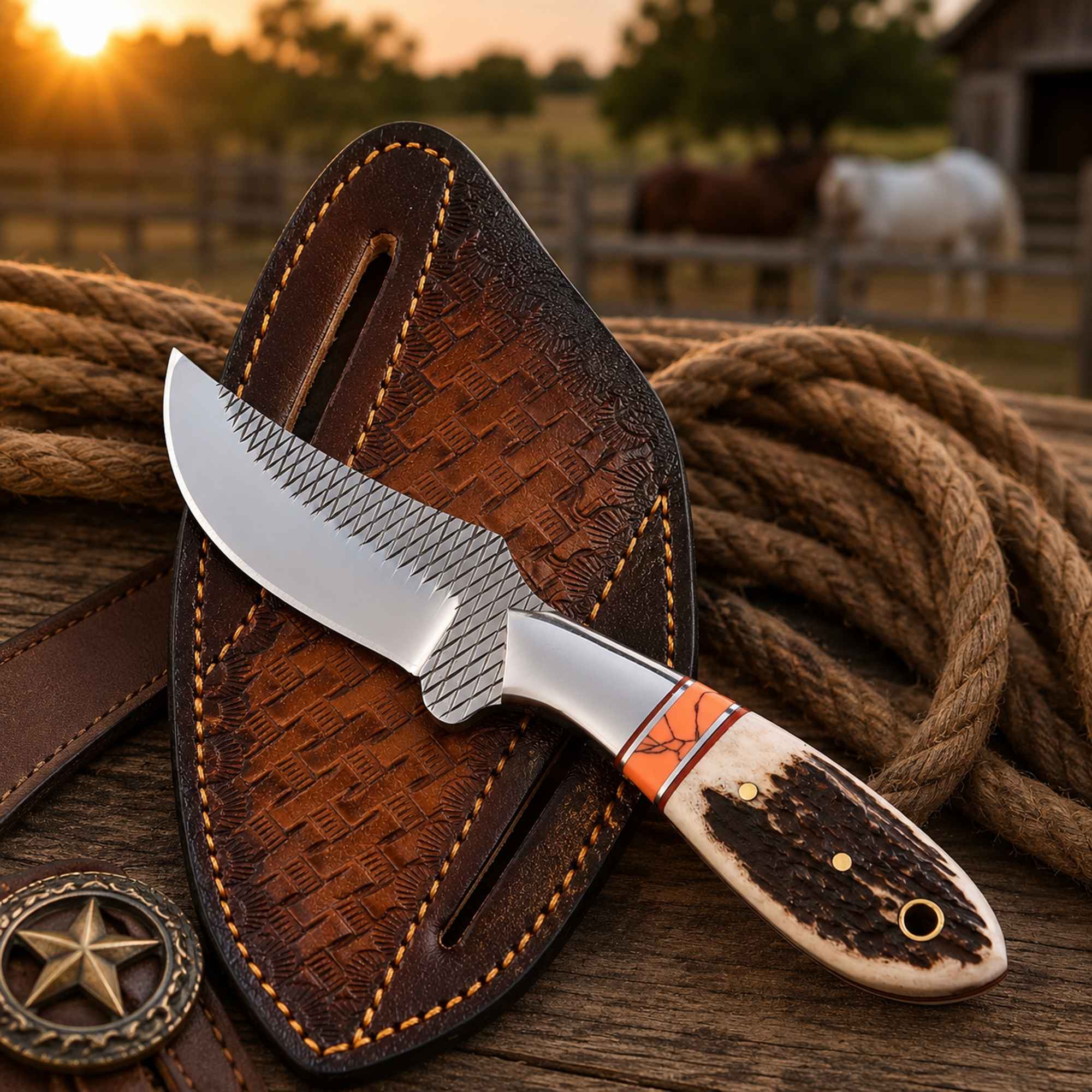 MALIKA KNIVES simple Western Belt Knife D2 Rasp Steel Stag Horn Handle