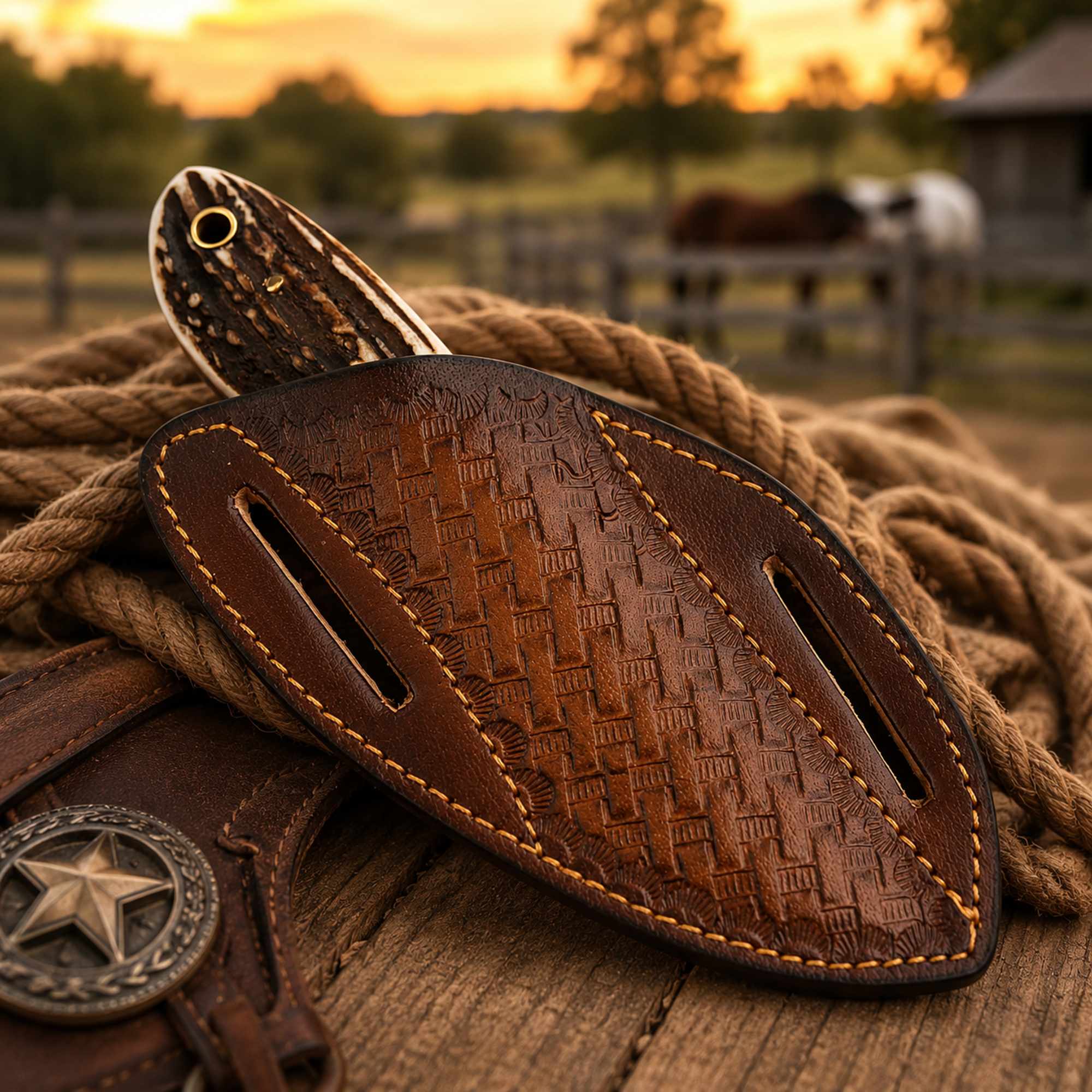 MALIKA KNIVES simple Western Belt Knife D2 Rasp Steel Stag Horn Handle