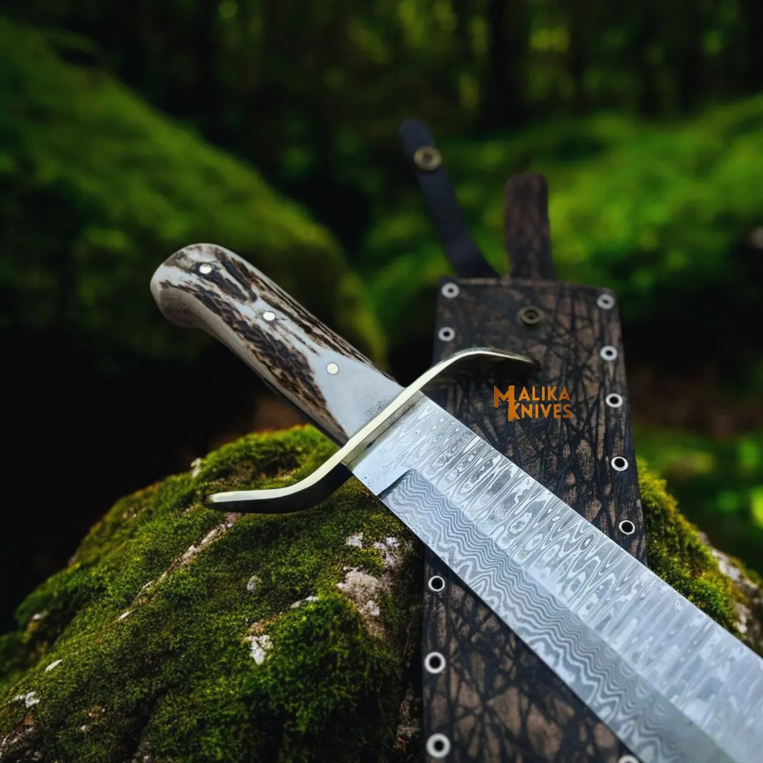 MALIKA KNIVES simple Wild West Bowie Knife Stainless Damascus Stag Handle