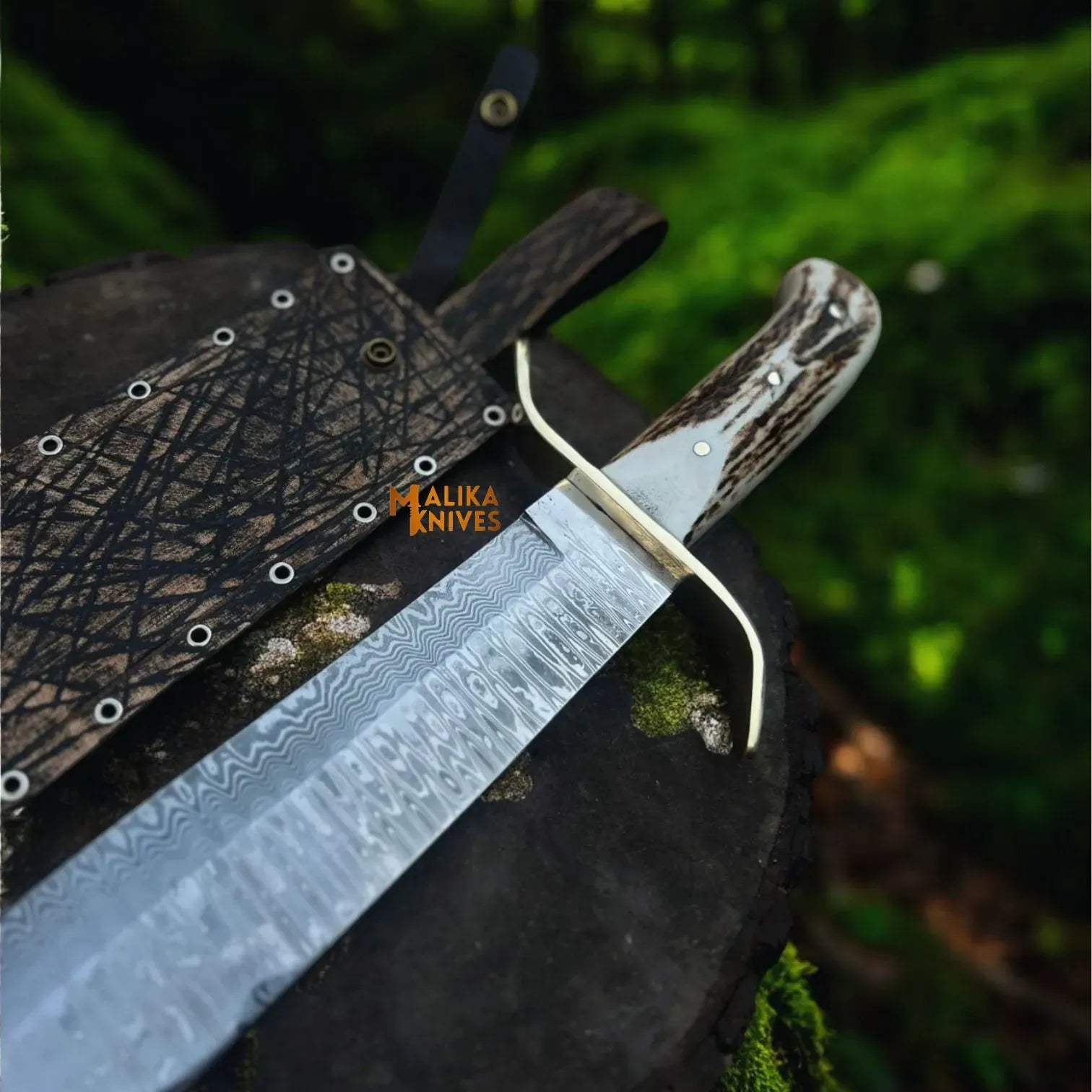 MALIKA KNIVES simple Wild West Bowie Knife Stainless Damascus Stag Handle