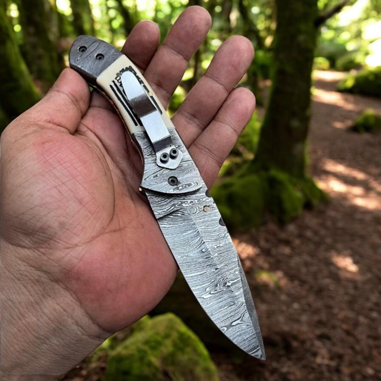 MALIKA KNIVES simple With Leather sheath only Damascus Folding Knife with Camel Bone Handle | Hand-Engraved People’s Flag | EDC Knife with Gift Box