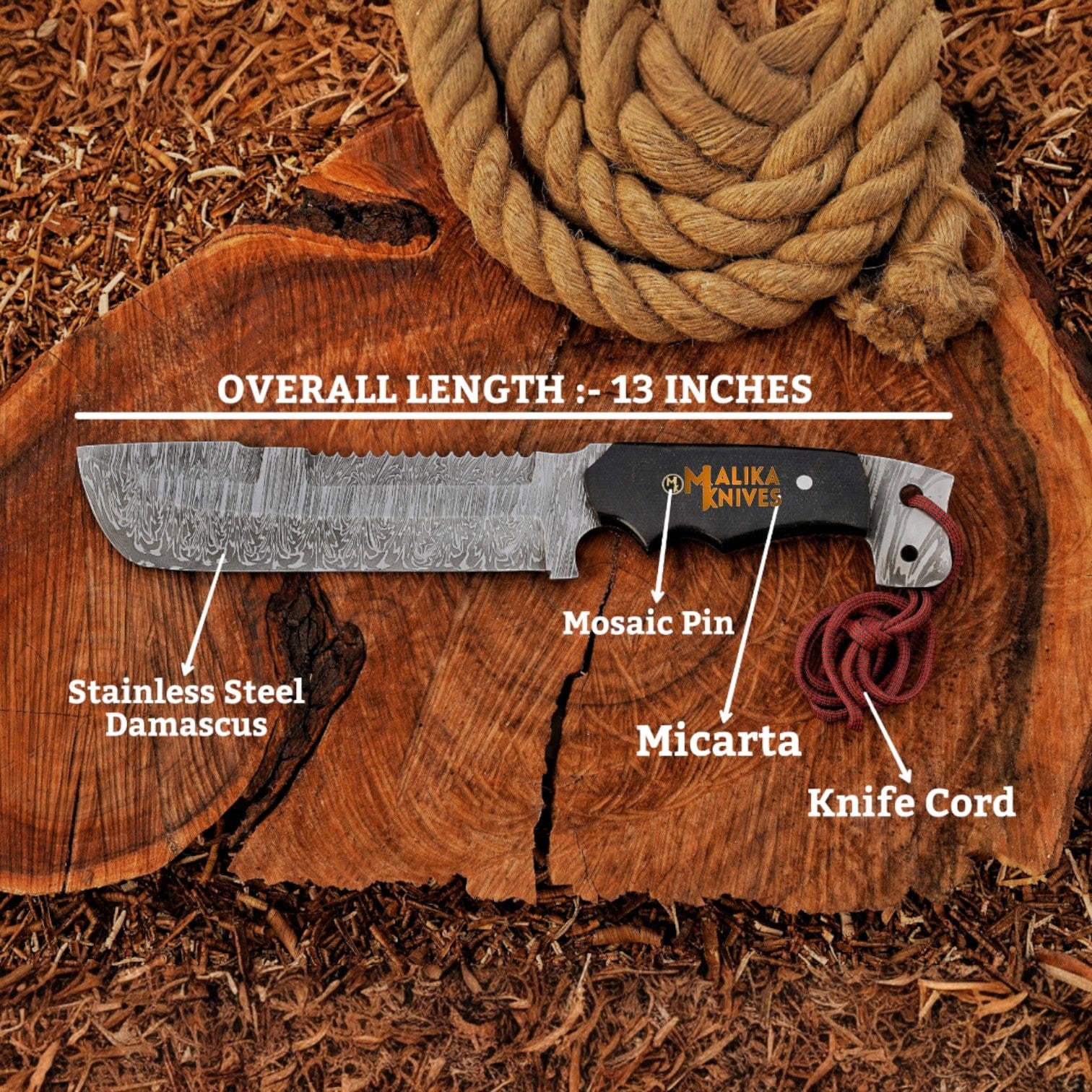 MALIKA KNIVES variable Bowie Knife 13” Damascus Steel | Malika Knives