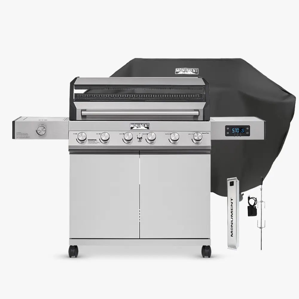 Monument Grills 6 Burner Grill Denali 605 & Smoke Box & Cover & Rotisserie Kit Denali 605 | Stainless Smart Tech Natural/Propane Gas Grill