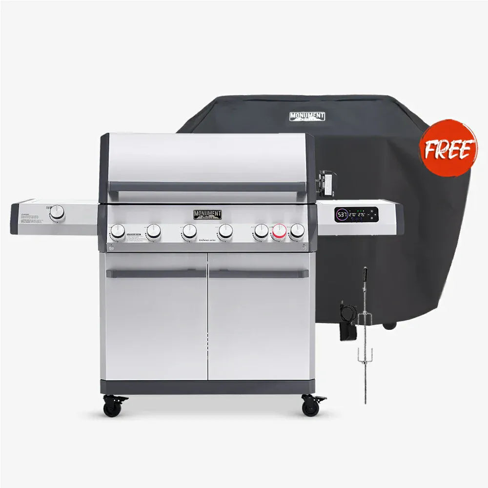 Monument Grills 6 Burner Grill Eminence 605 (Includes Free Rotisserie) & Cover Eminence 605 | Master Power Stainless Natural/Propane Gas Grill